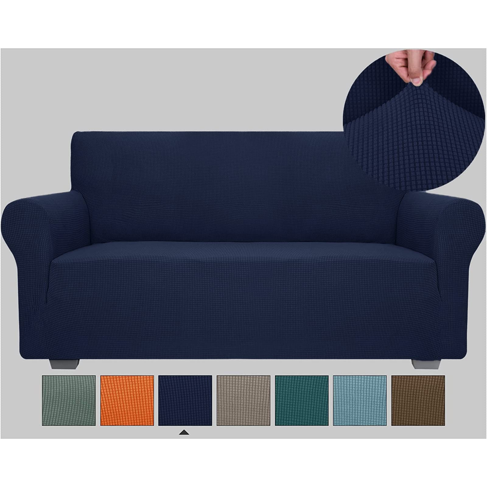 Jiviner High Stretch Couch Covers For 3 Cushion Couch 1-Piece Jacquard Elastic Sofa Slipcovers Anti Slip Sofa Cover With Elastic Bottom Furniture Protector For Kids Pets (Navy Blue, Sofa)