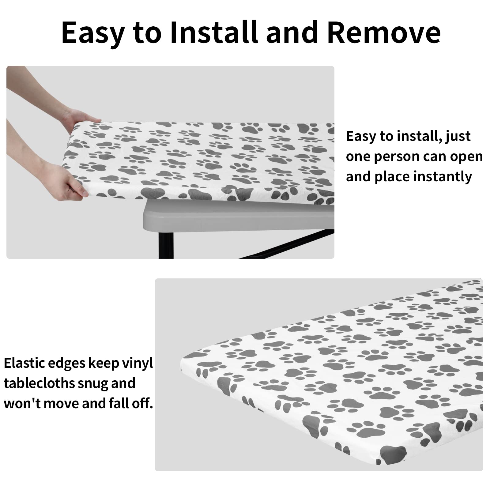 Easy-Going 100% Waterproof Picnic Outdoor Tablecloth With Bench Covers Fit 8 Foot Rectangle Table, 3-Piece Set Camping Table Cover With Seat Covers (30X96 In, Gray-Paw)