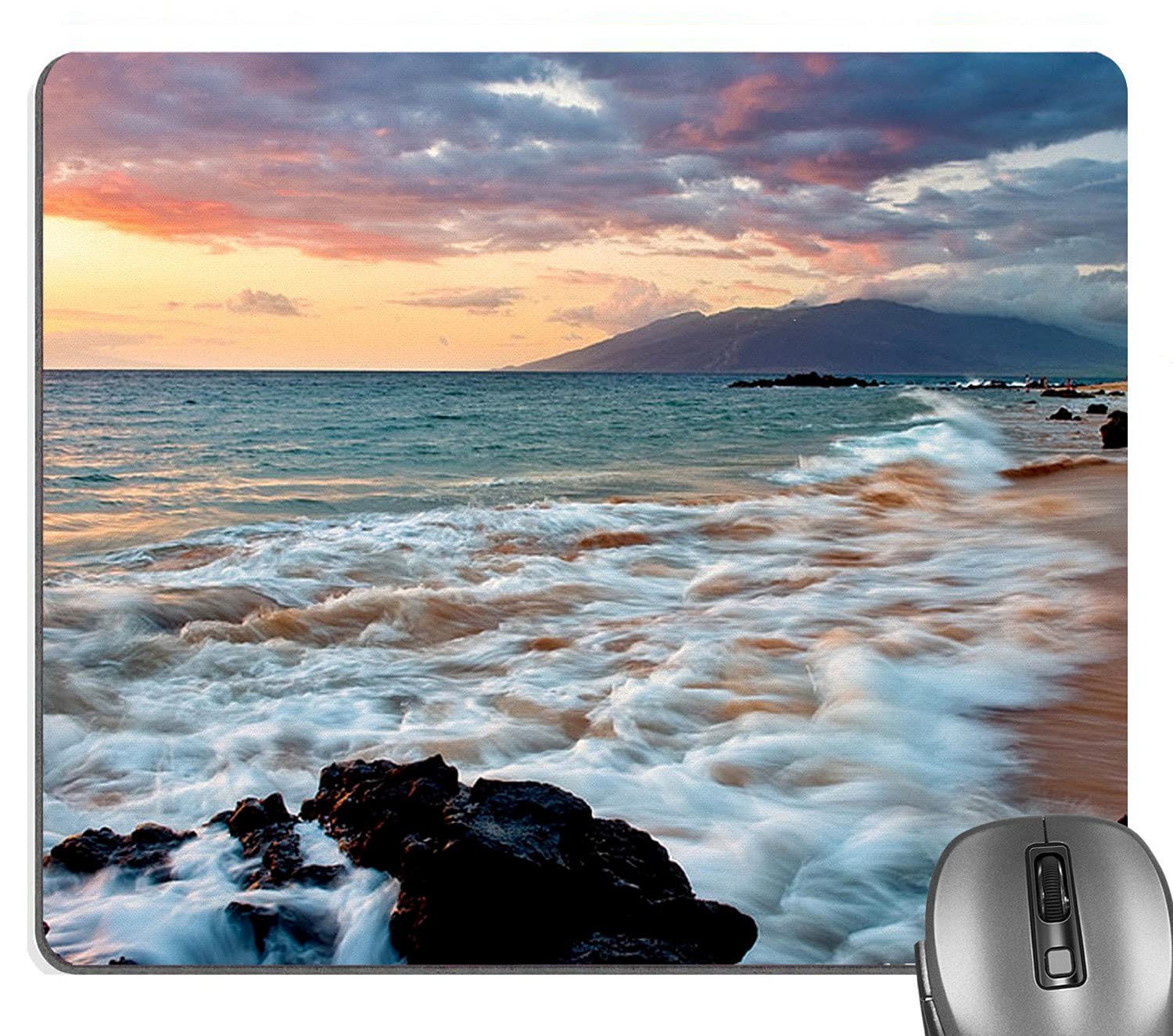 Knseva Wailea Makena Beach Maui Hawaii Beautiful Sunset Sea Waves Clouds Mouse Pad, Spectacular Nature Scenery Gaming Mouse Pads