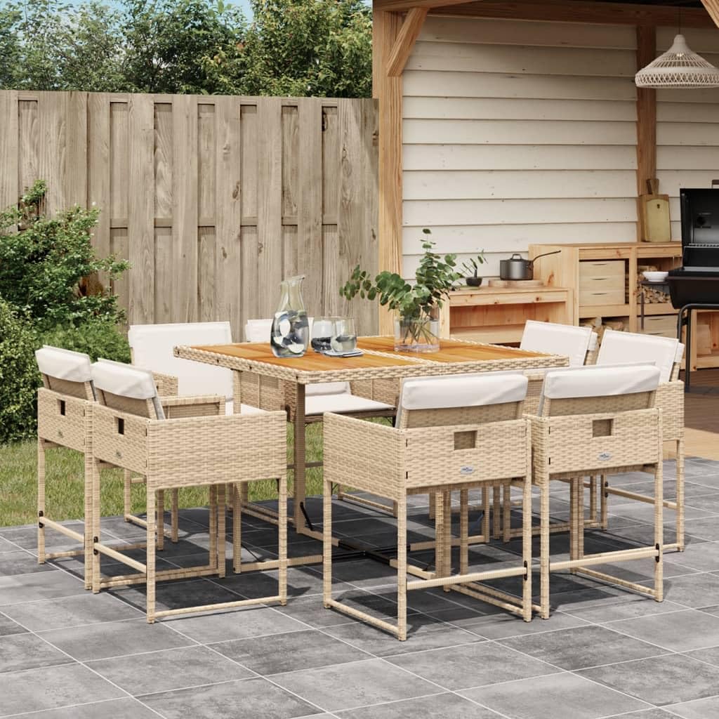 vidaXL Patio Dining Set with Cushions - 9 Piece Beige Poly Rattan Furniture for Garden/Patio/Backyard - Durable Materials & Space-Saving Design - Includes Table and Chairs