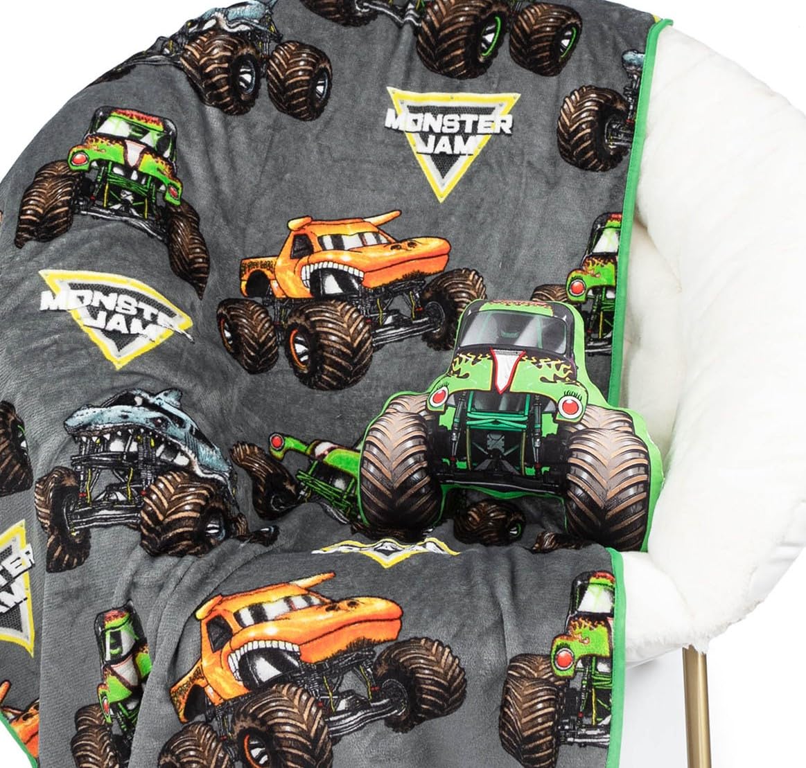 Jay Franco Monster Jam Grave Digger Nogginz Set - 40 X 50 Inch Lightweight Travel Throw Blanket & Pillow - Kids Super Soft 2 Pie