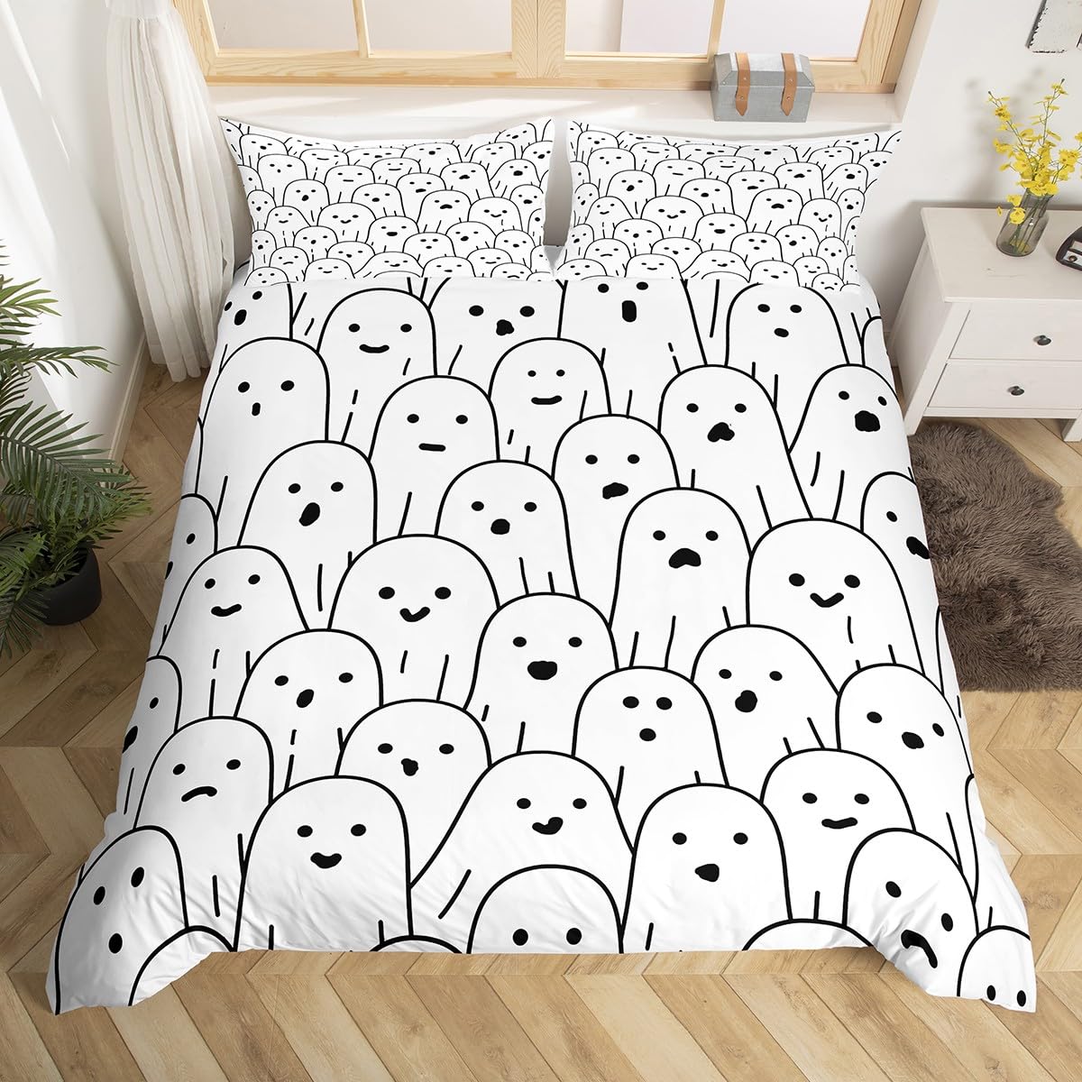 Cute Ghost Duvet Cover Black And White Bedding Set Halloween Theme Comforter Cover For Boys Girls Kids Room Decor Cartoon Ghost