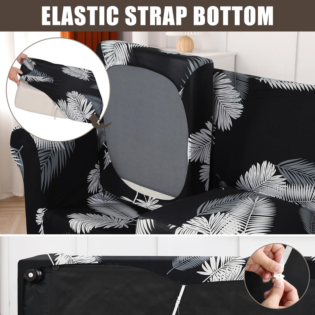 Searchi Stretch Sofa Cover Printed Couch Cover, Floral Pattern 4 Pieces Sofa Slipcover With 3 Separate Cushion Cover, Washable Furniture Protector For Living Room(Sofa, Black+Palm Leaves)
