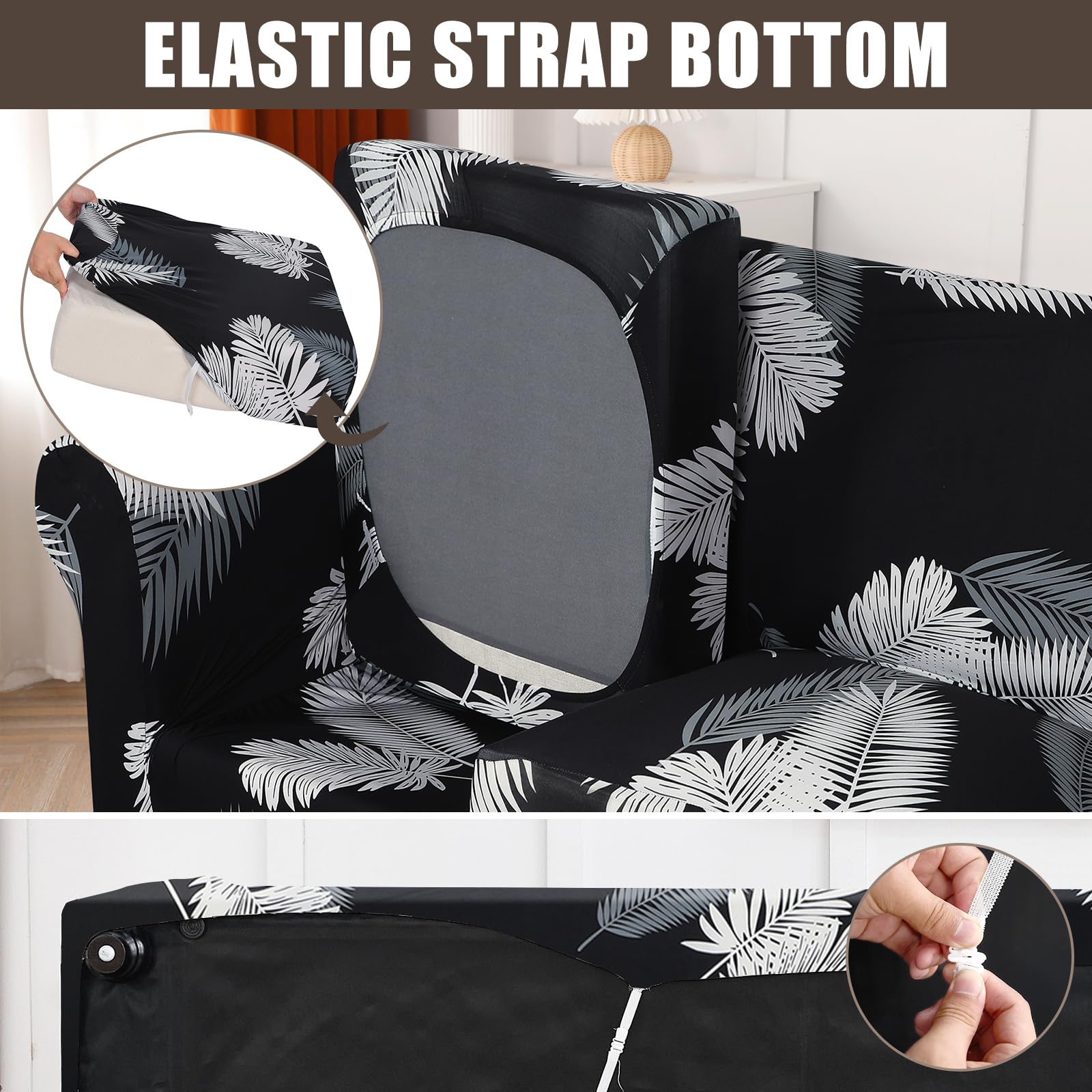 Searchi Stretch Sofa Cover Printed Couch Cover, Floral Pattern 4 Pieces Sofa Slipcover With 3 Separate Cushion Cover, Washable Furniture Protector For Living Room(Sofa, Black+Palm Leaves)