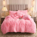 Uhamho Faux Fur Velvet Fluffy Bedding Duvet Cover Set Down Comforter Quilt Cover With Pillow Shams, Ultra Soft Warm (King, Pink)