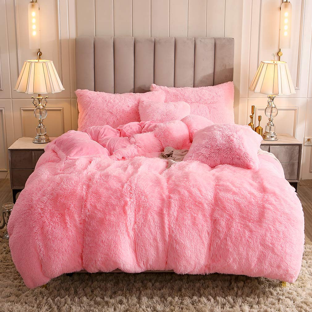 Uhamho Faux Fur Velvet Fluffy Bedding Duvet Cover Set Down Comforter Quilt Cover With Pillow Shams, Ultra Soft Warm (King, Pink)