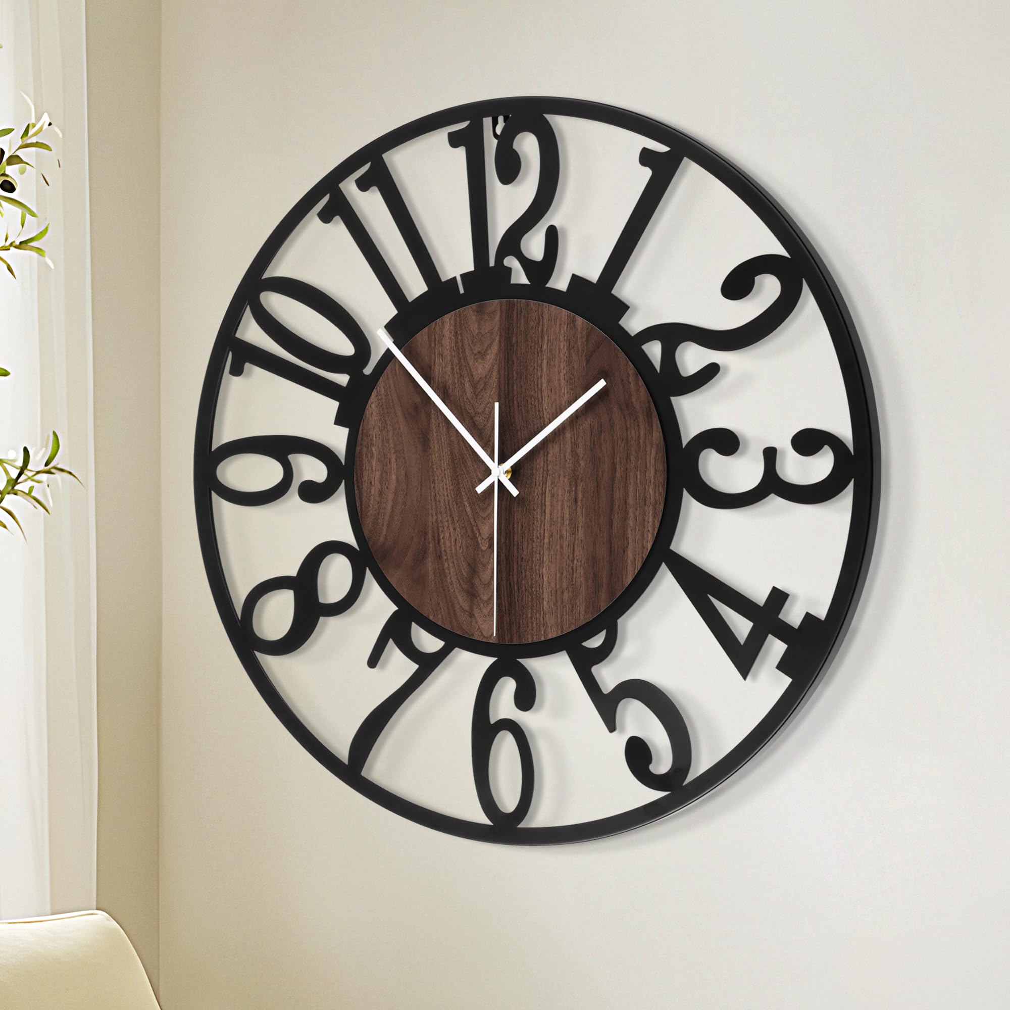 1St Owned Large Wall Clock For Living Room Decor- Decorative Antique 24 Inch Silent Non Ticking,Battery Operated,Black Metal,Woo