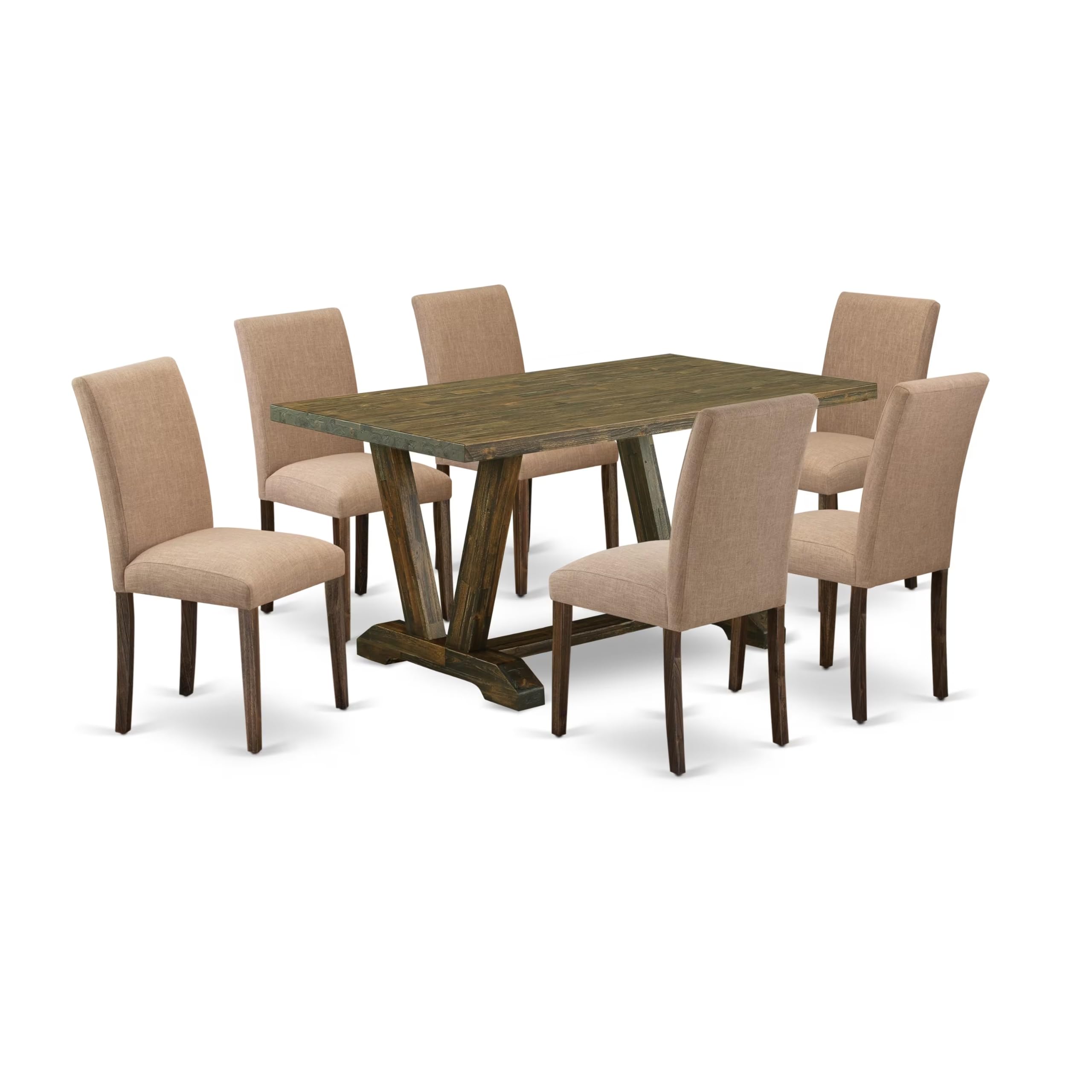 East West Furniture V776Ab747-7 7 Piece Dinette Set Consist Of A Rectangle Dining Room Table With V-Legs And 6 Light Sable Linen Fabric Upholstered Chairs, 36X60 Inch, Multi-Color