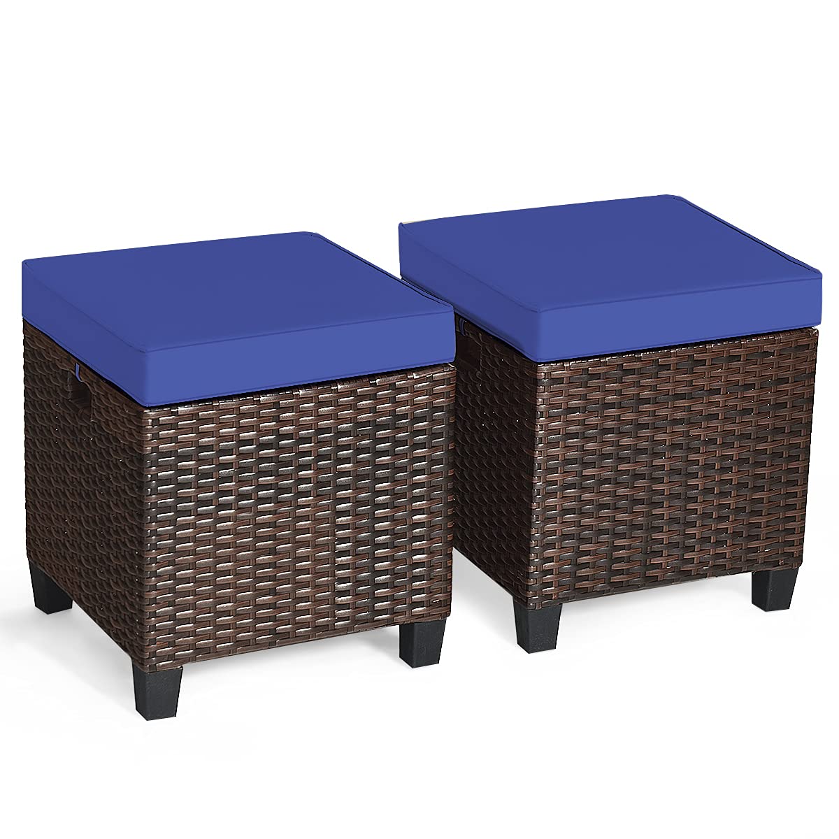 Oralner Set Of 2 Outdoor Ottoman, 16' Wicker Footstools, All-Weather Rattan Cube Foot Stool W/Removable Cushions, Square Footrest Extra Seating For Patio, Porch, Deck, Easy Assembly (Navy Blue)