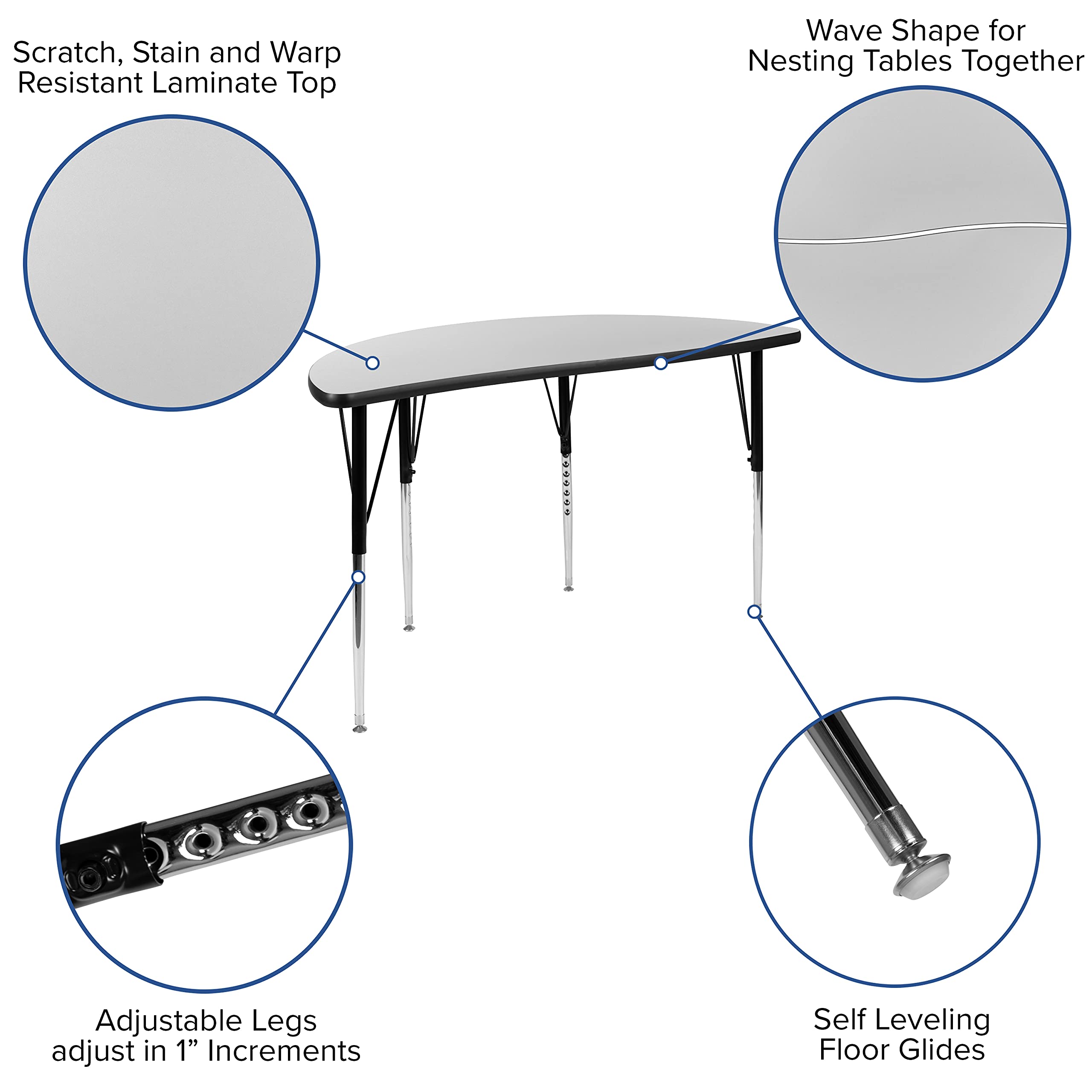 Flash Furniture 2 Piece 47.5" Circle Wave Collaborative Grey Thermal Laminate Activity Table Set - Standard Height Adjustable Legs