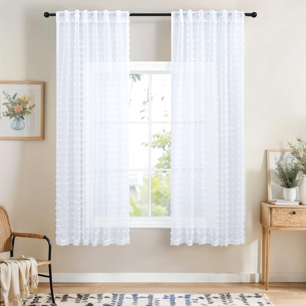 Dancurton White Semi Sheer Curtains 63 Inch Length 2 Panels For Bedroom Back Tab White Pom Pom Tufted Curtains Farmhouse Boho Sh