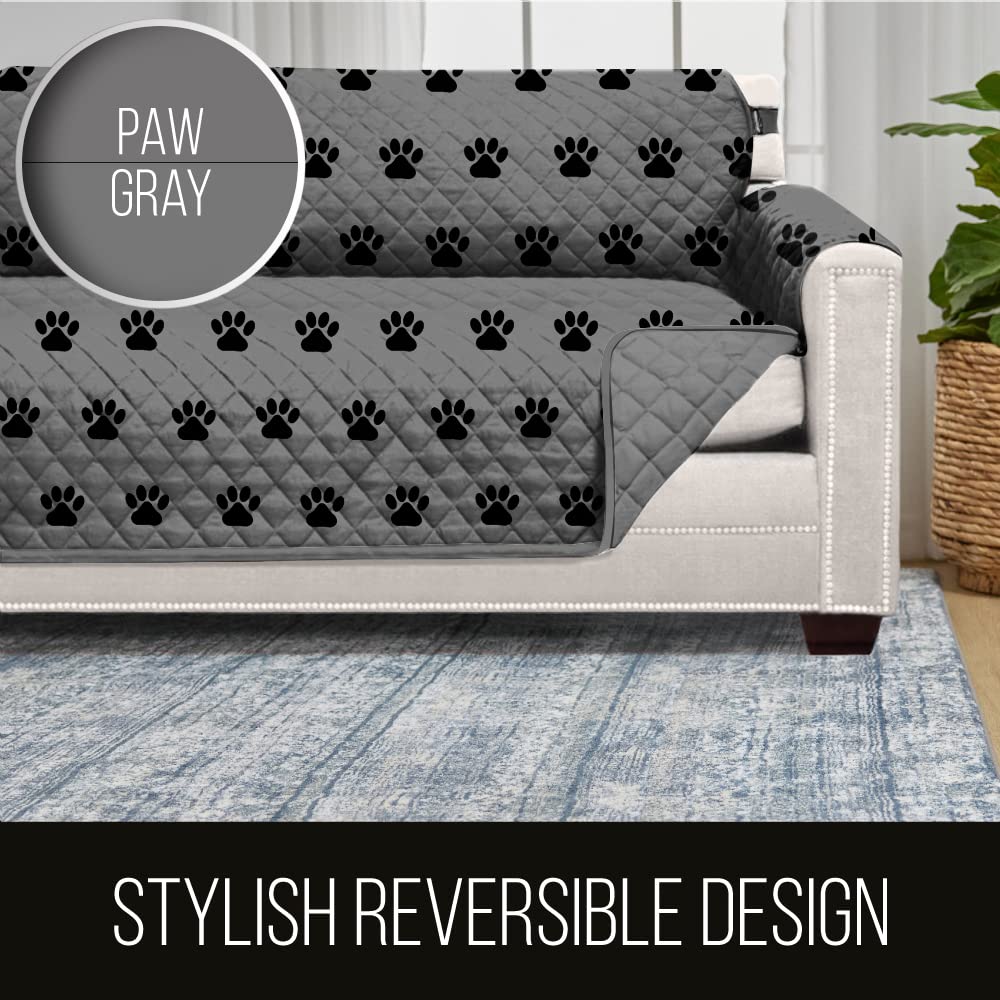 Sofa Shield Couch Slip Cover With Patented Strap, Cushion Protector, Reversible Stain And Dog Tear Resistant Slipcover, Quilted Microfiber 78” Seat, Washable Covers For Dogs Pets Kids, Paw Gray Black
