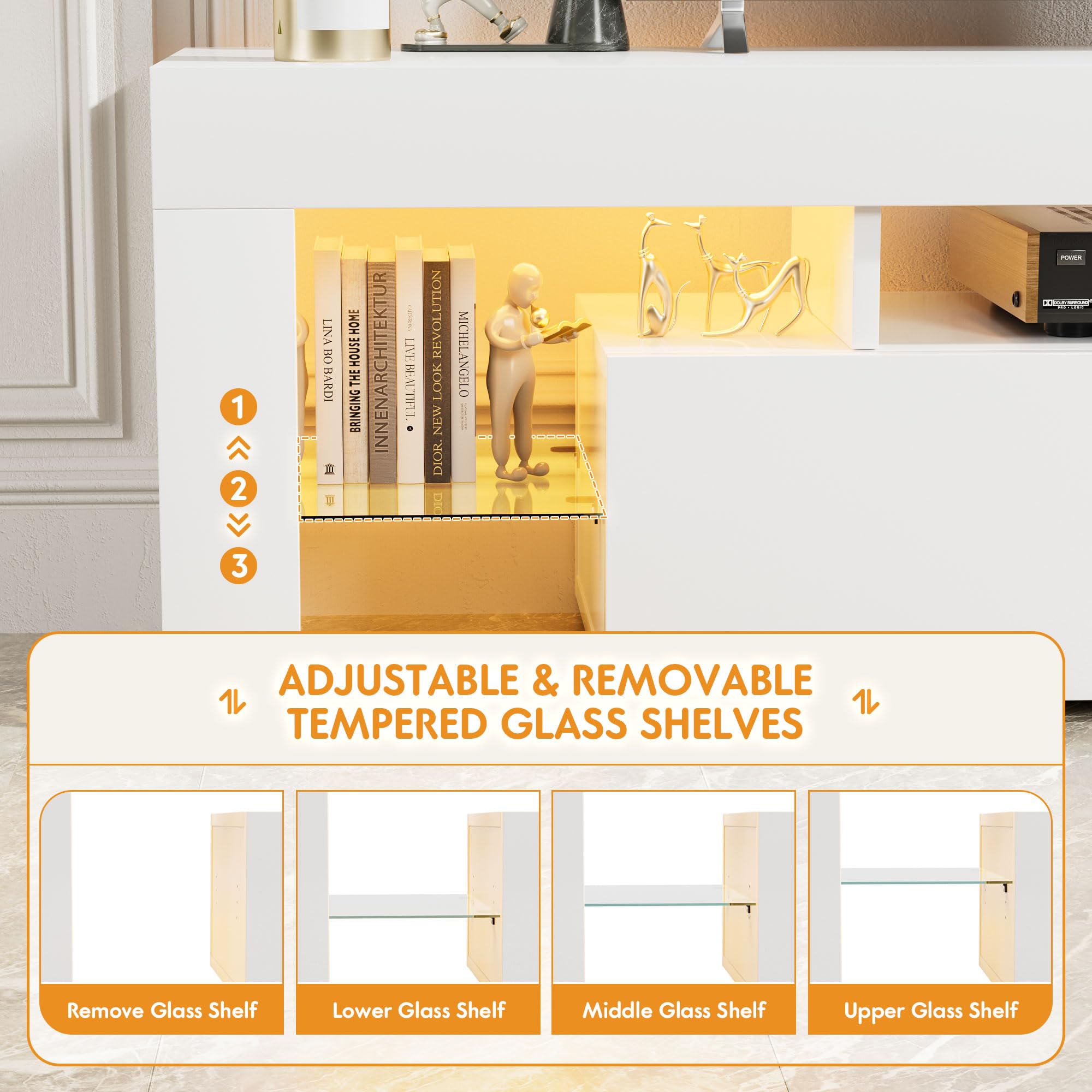 Yeshomy Modern Led Tv Stand For Televisions Up To 70 Inch With Glass Shelves And Drawer, Gaming Entertainment Center With Multiple Dynamic Rgb Modes, For Livingroom, Bedroom, 60 Inch, White