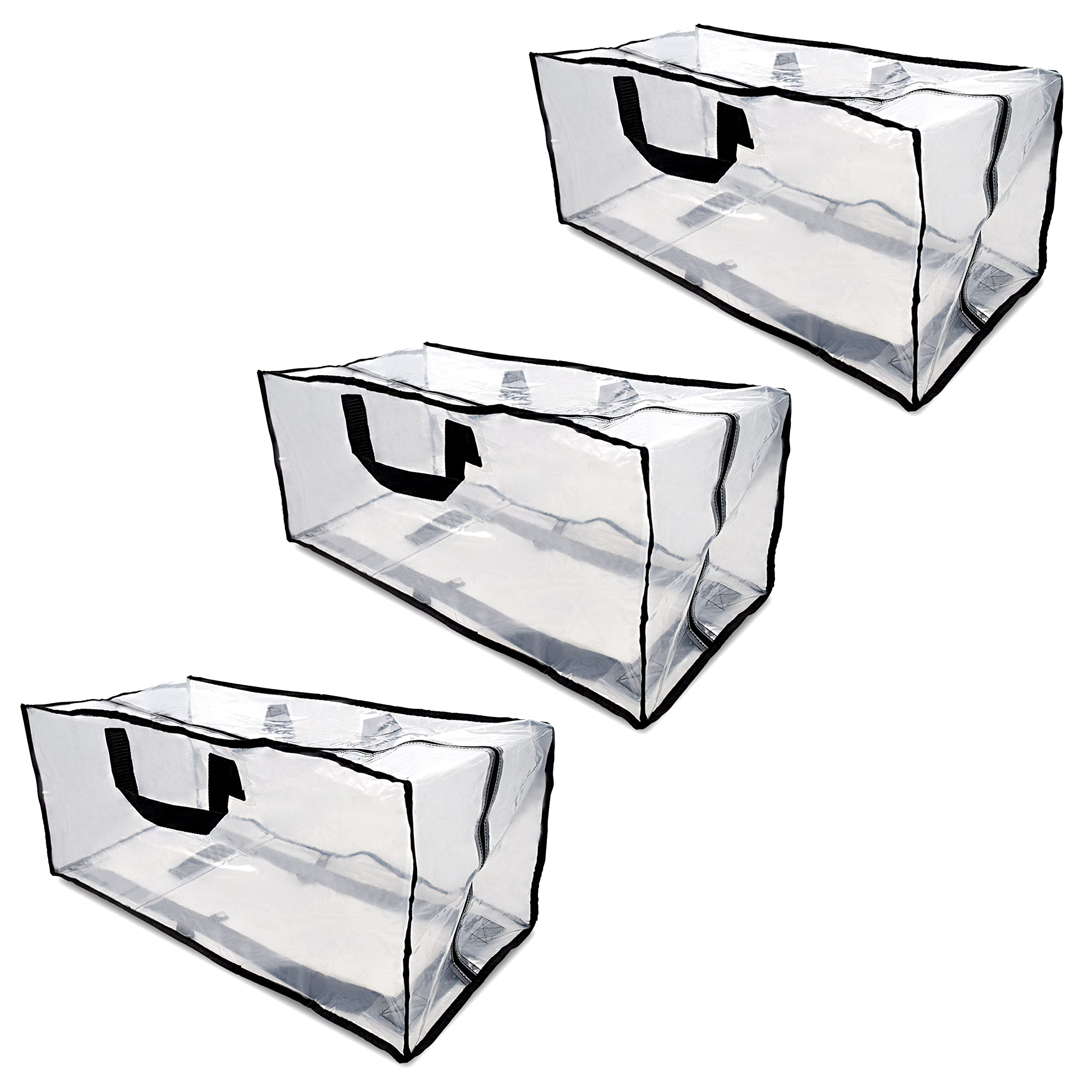 Clear Storage Bags - 3 Pack Zippered Moving Bags, See Thru Transparent Heavy Duty Totes with Handles, Large & Waterproof for Clo