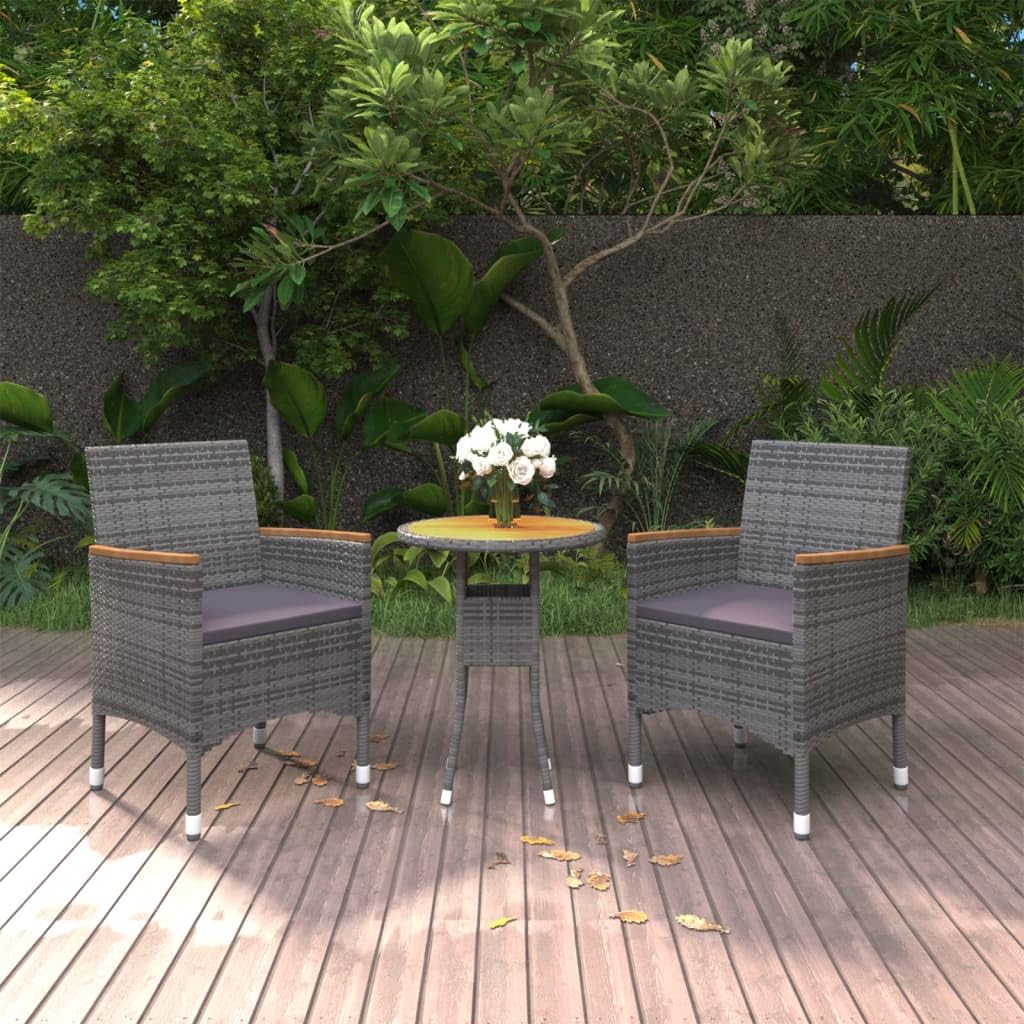 vidaXL Patio Dining Set - 3 Piece Rattan/Steel/Acacia - Comfortable Garden/Patio Furniture with Cushions - Gray
