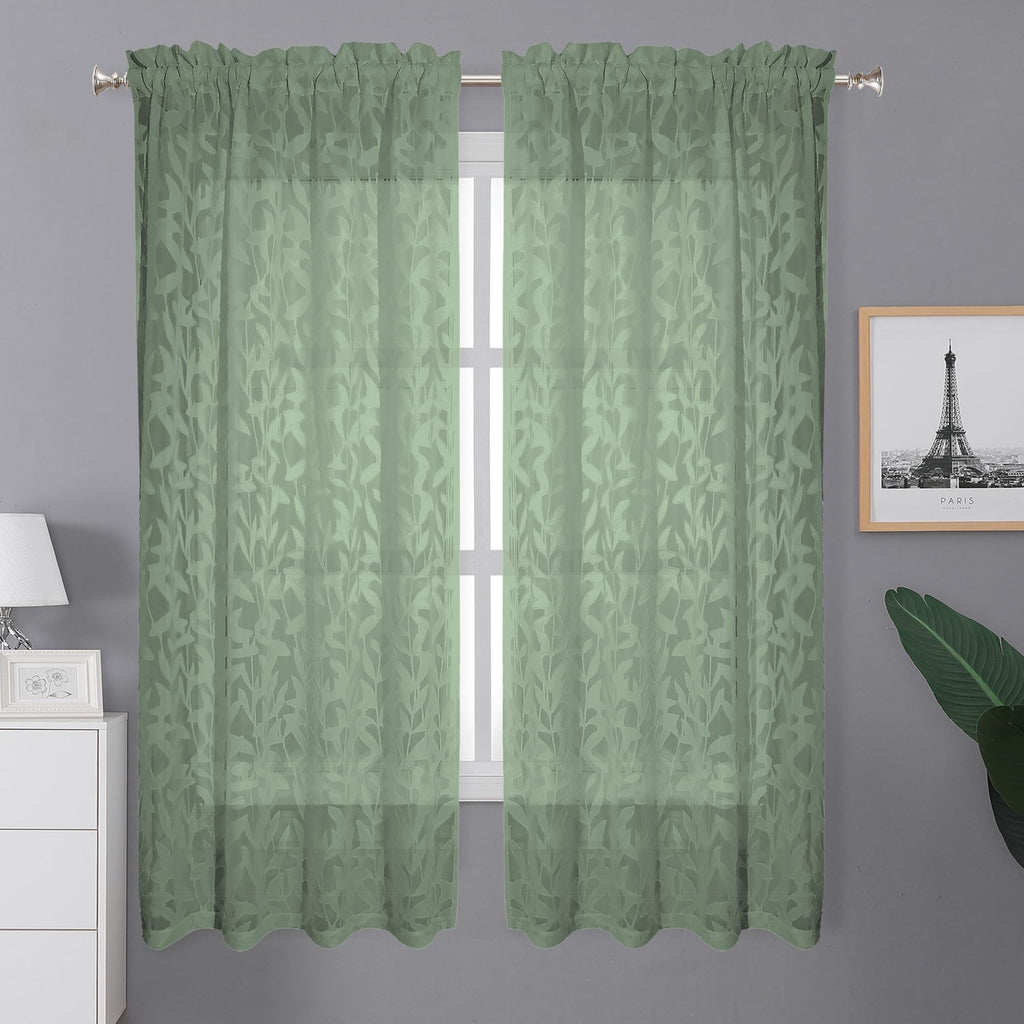 Lecloud Leia Sage Green Sheer Curtains 63 Inch Length 2 Panels, Light Filtering Bedroom Living Room Kitchen Curtain For Small Wi