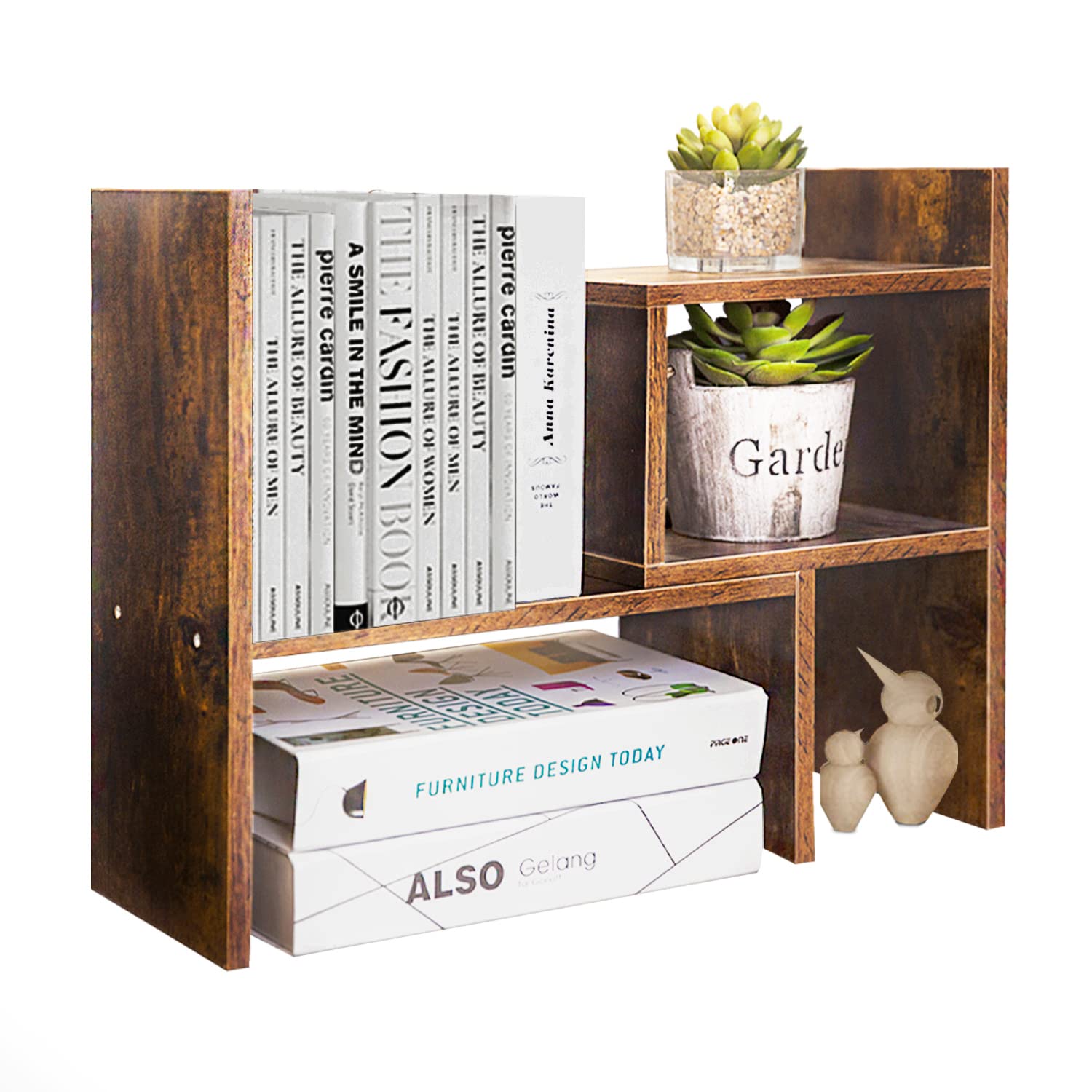 Brown-Brown Desk Shelf Organizer Adjustable Wood Desktop Bookshelf Organizer Home Office Desktop Shelves Organizer Display Shelf