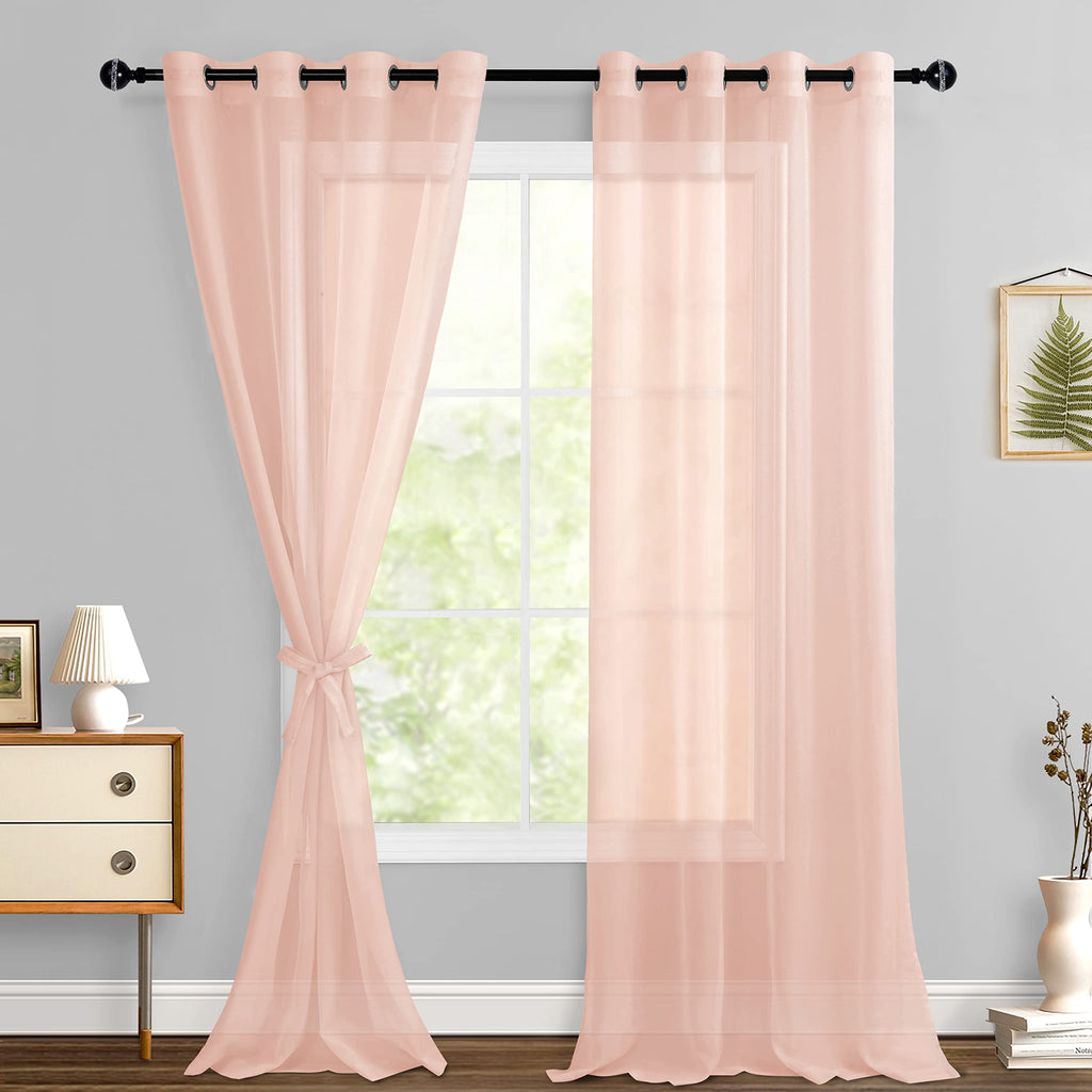 Hiasan Sheer Curtains 96 Inches Long With Tiebacks, Lightweight And Light Filtering Voile Drapes Extra Long Grommet Window Curtains For Bedroom, Living Room, W52 X L96, Blush Pink, 2 Panels