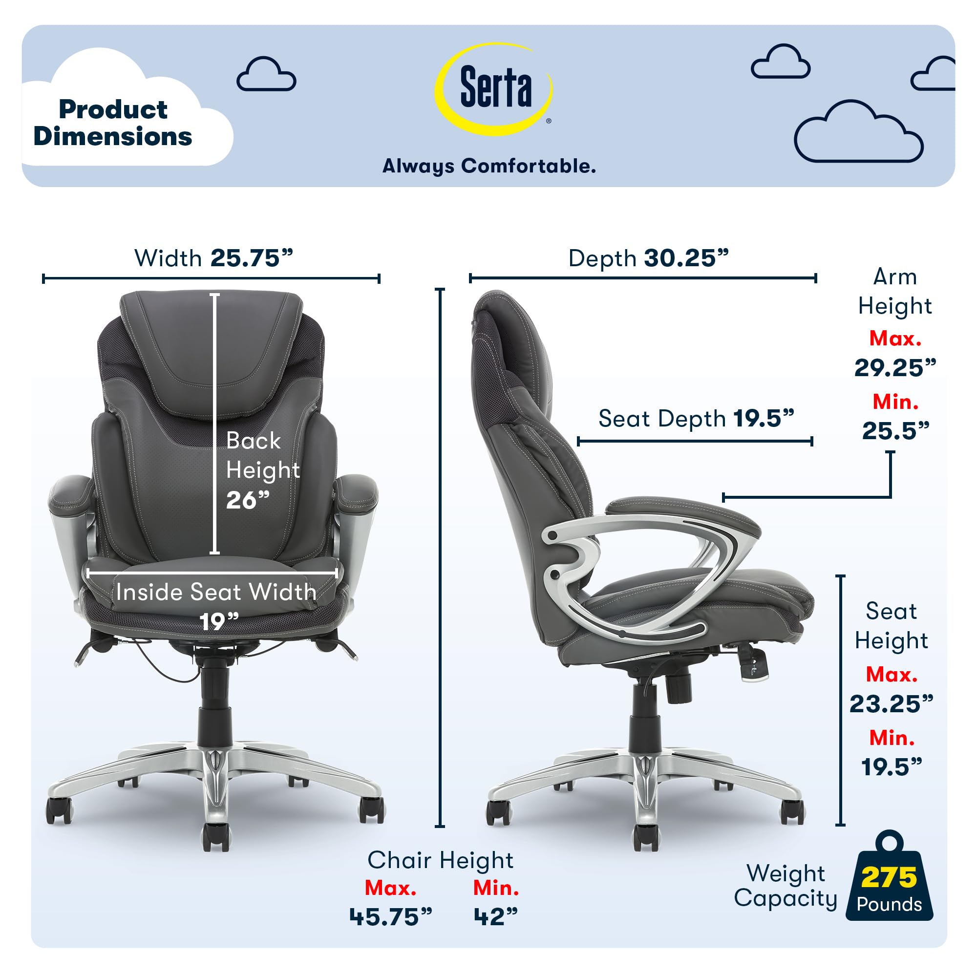 Serta Bryce Executive Office Chair, Ergonomic Computer Deskchair With Patented Air Lumbar Technology, Comfortable Layered Body Pillows For Cushioning, Sertaquality Foam, Bonded Leather, Gray