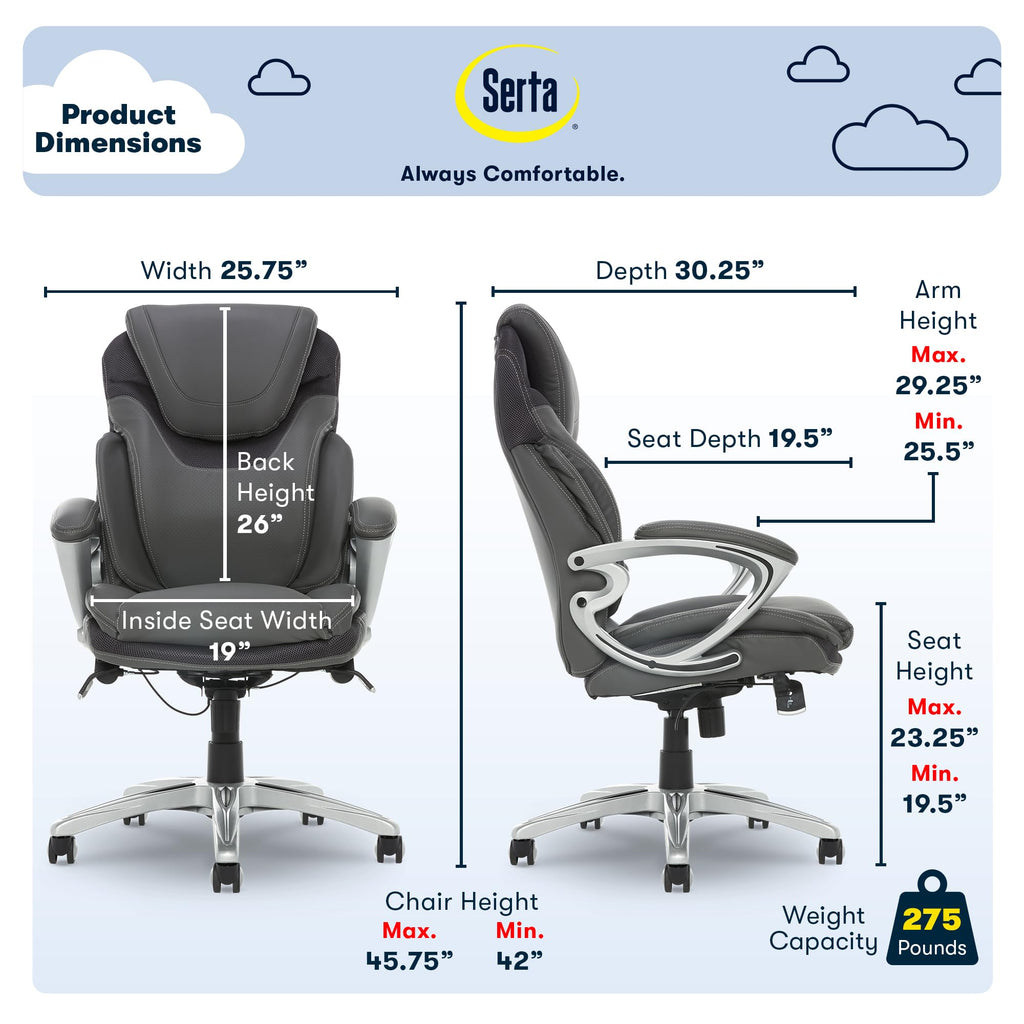 Serta Bryce Executive Office Chair, Ergonomic Computer Deskchair With Patented Air Lumbar Technology, Comfortable Layered Body Pillows For Cushioning, Sertaquality Foam, Bonded Leather, Gray