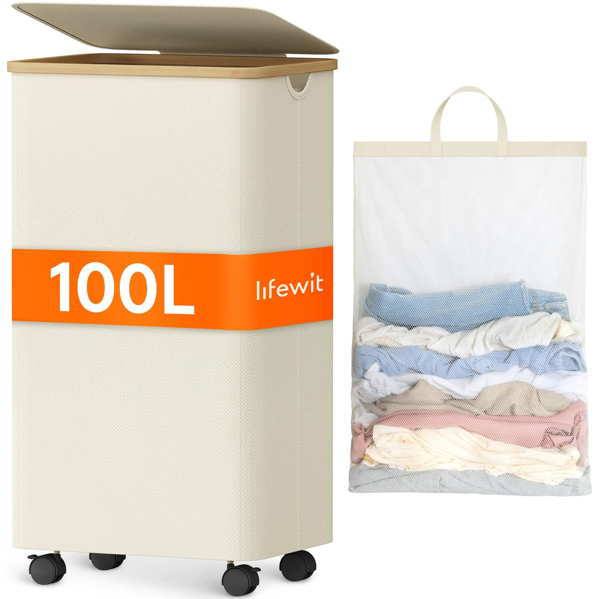 Lifewit 100L Laundry Hamper with Wheels and Lid, Removable Bag, White