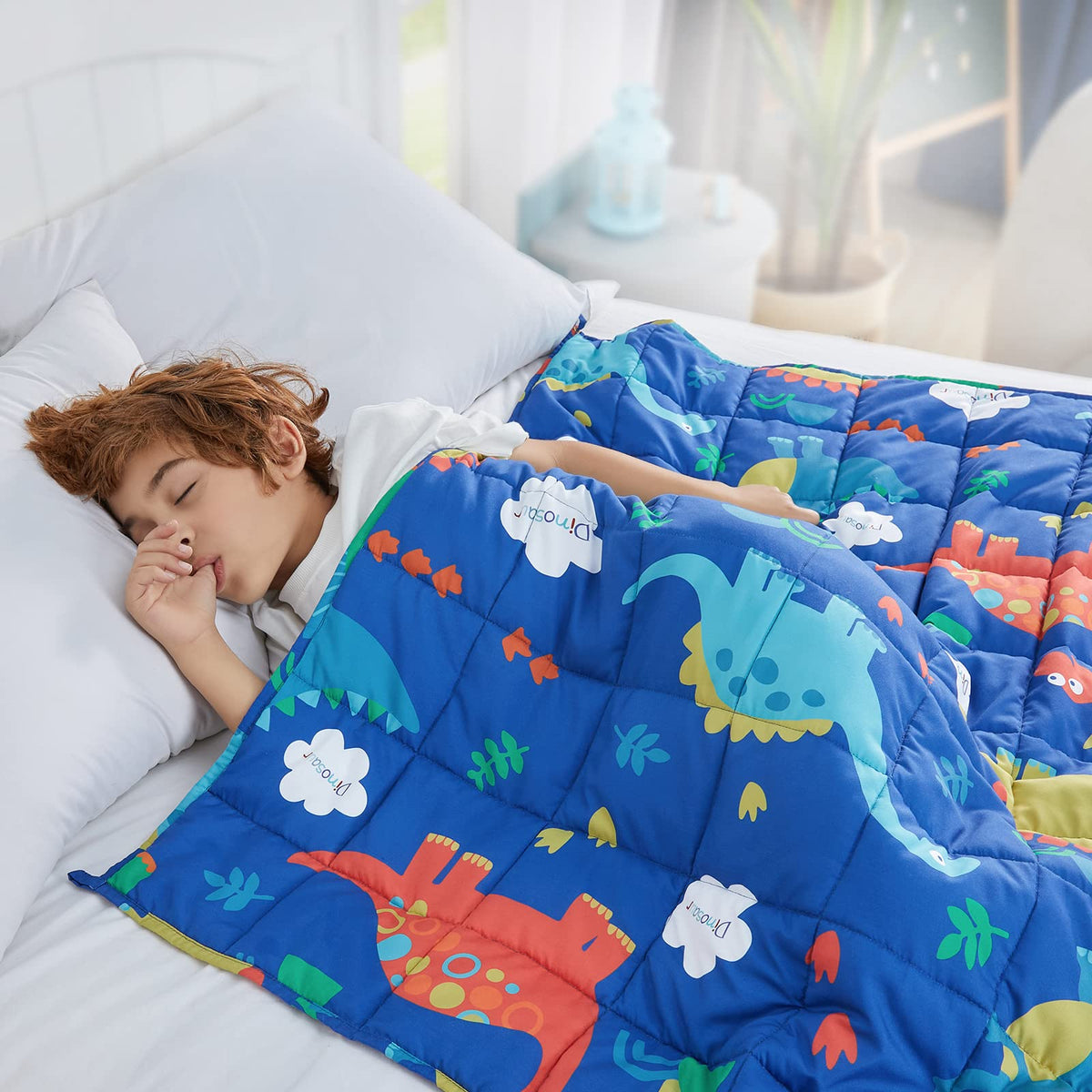Hosukko Weighted Blanket Kids, Weighted Blanket For Kids 3 Lbs Blue Dinosaur Heavy Blanket For Children, Toddler Weighted Blanke
