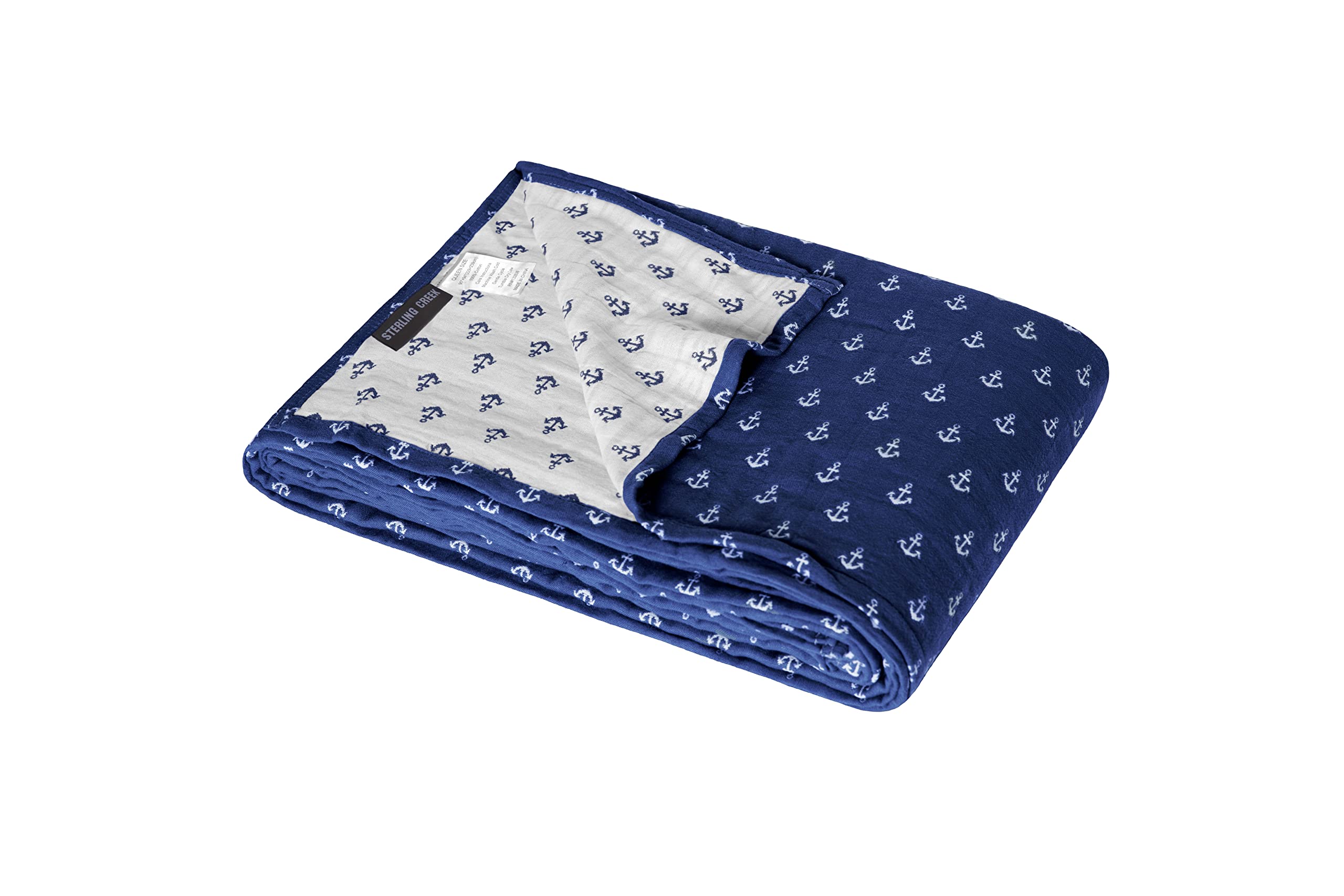 Sterling Creek Nautical Anchor Muslin Cotton Blanket Three Layers Lightweight Breathable Gauzy Blanket For Adults, All Season (K