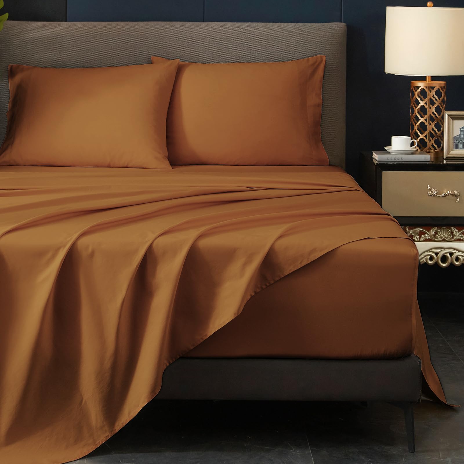 Hyprest 100% Cotton Sheets For Queen Size Bed Deep Pockets Fit 18'- 24' In Deep Mattress, Burnt Orange Sheets, Hotel Luxury So