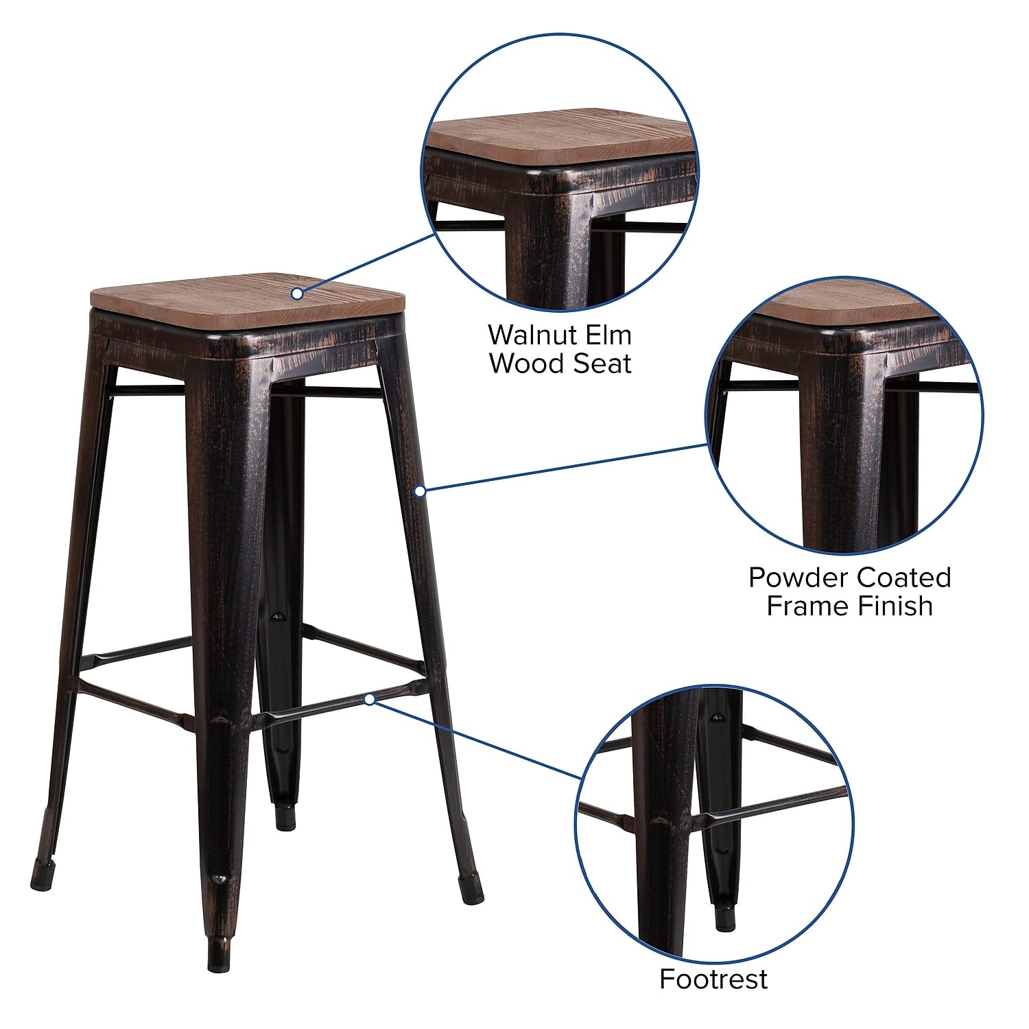 Flash Furniture Lily 30&quot; High Backless Black-Antique Gold Metal Barstool with Square Wood Seat