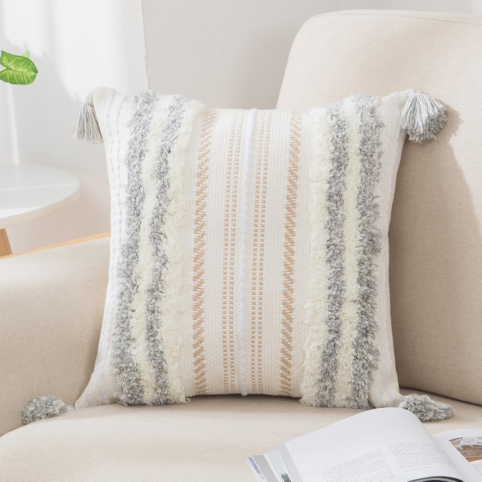 Decoruhome Boho Decorative Throw Pillow Covers For Bed Bedroom Neutral Accent Cushion Cover Tufted Woven Pillow Case, 18X18, Lig