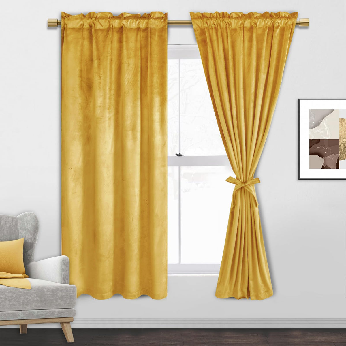 Jiuzhen Yellow Velvet Curtains 63 Inches For Living Room - Privacy Protect Room Darkening Rod Pocket Thick Velvet Window Drapes