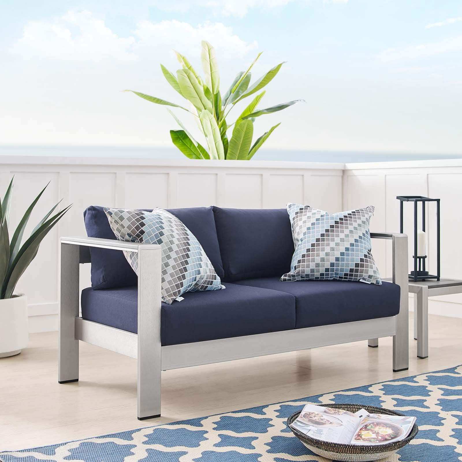 Modway Shore Sunbrella® Fabric Aluminum Outdoor Patio Loveseat In Silver Navy