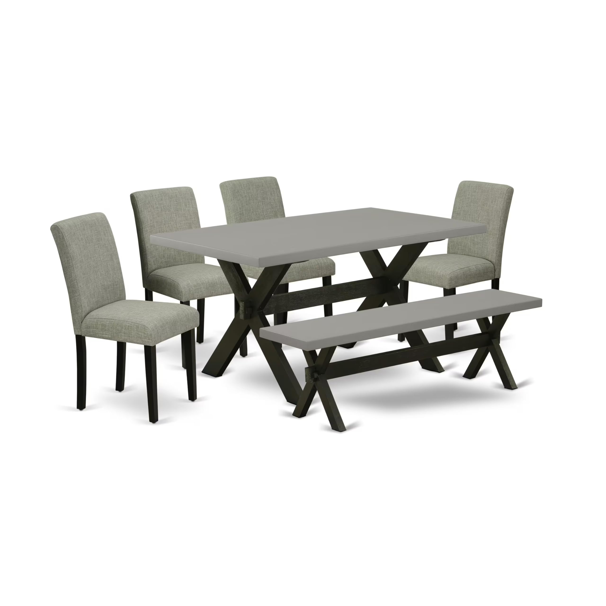 East West Furniture X696Ab106-6 6 Piece Dining Room Set Contains A Rectangle Dining Table With X-Legs And 4 Shitake Linen Fabric Parson Chairs With A Bench, 36X60 Inch, Multi-Color