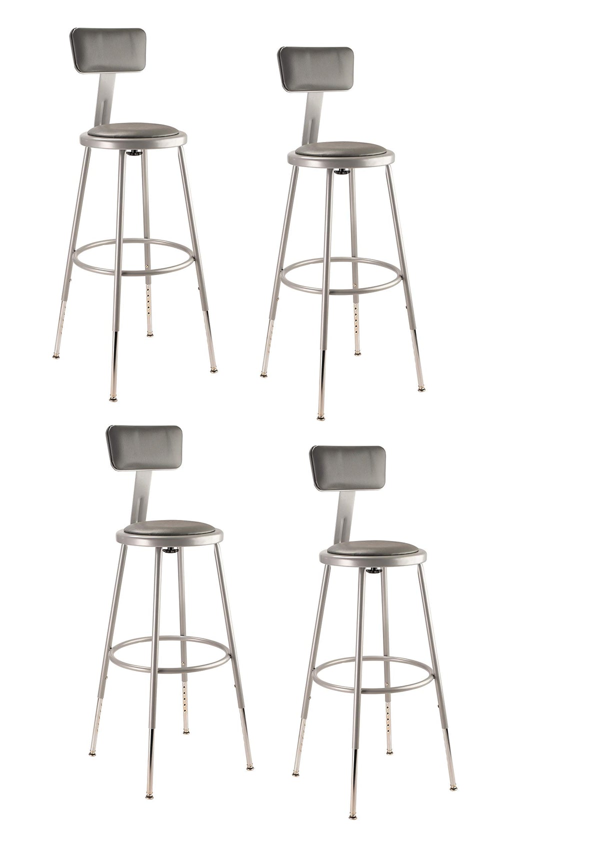 National Public Seating 6424HB-CN Steel Stool with Vinyl Upholstered Seat Adjustable and Backrest, 25&quot;-33&quot;, Grey (Pack of 4)