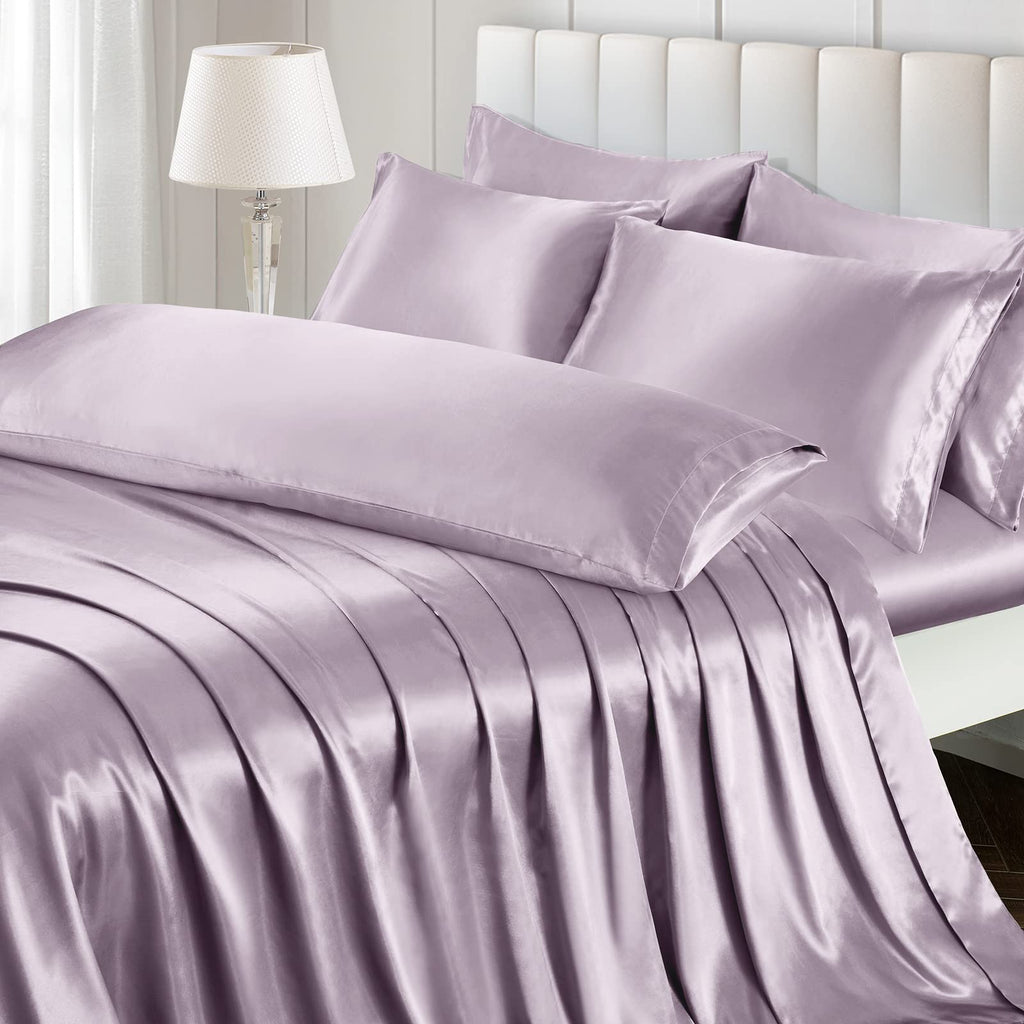 Ersmak 7 Pieces Satin Sheets Set King Size, Luxury Silky Lavender Satin Bed Sheets Set with 1 Deep Pocket Fitted Sheet, 1 Soft F