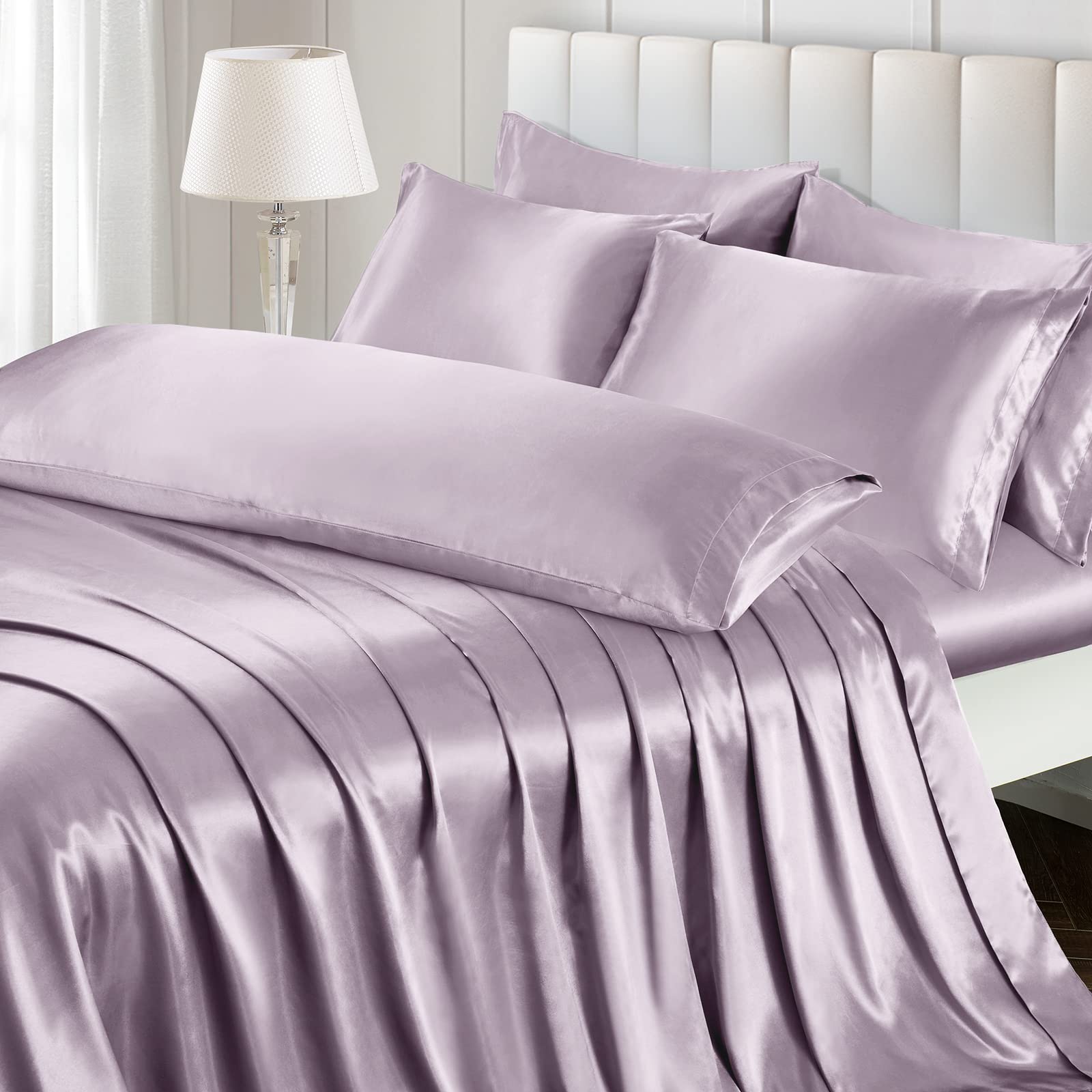 Ersmak 7 Pieces Satin Sheets Set Queen Size, Luxury Silky Lavender Satin Bed Sheets Set With 1 Deep Pocket Fitted Sheet, 1 Soft
