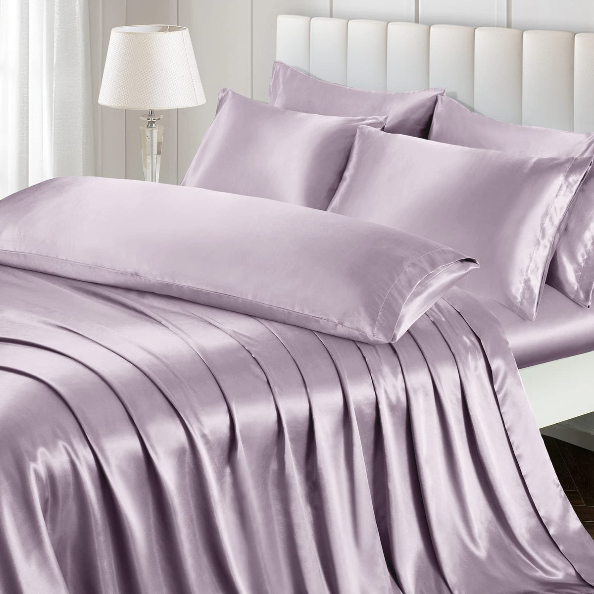 Ersmak 4 Pieces Satin Sheets Set Twin Size, Luxury Silky Lavender Satin Bed Sheets Set With 1 Deep Pocket Fitted Sheet, 1 Soft F