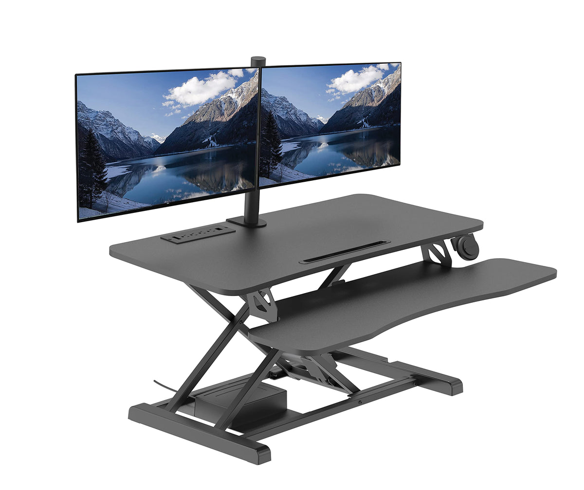 Rocelco 37.4&quot; Electric Standing Desk Converter with Dual Monitor Mount Arm - AC USB Charger - Motorized Adjustable Sit Stand Up Computer Workstation Riser - Large Keyboard Tray - Black (R EDRB-DM2)