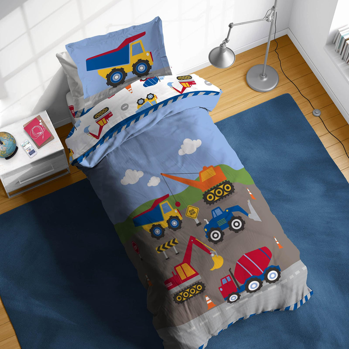 Sunny Side Up Construction Zone Twin Comforter Set - 5 Piece Kids Bedding Includes Comforter, Sheets & Pillow Cover - Super Soft