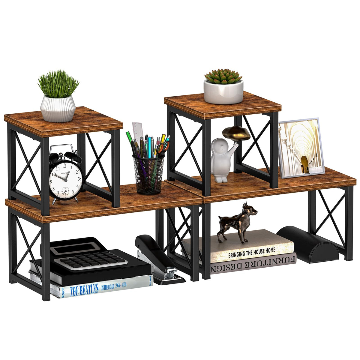 Honiter 2 Sets Desk Shelf, Desktop Organizer Shelf, 2 Tier Independent Stackable Desktop Shelves, Desktop Office Storage Rack Di