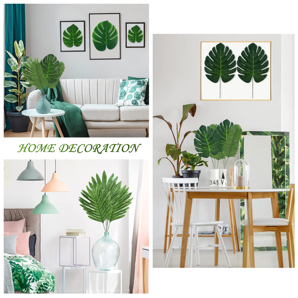 Quanqiufei 100 Pcs 9 Kinds Artificial Palm Leaves Tropical Fake Leaves, Monstera Leaf Gold Faux Leaves For Safari Jungle Hawaiia
