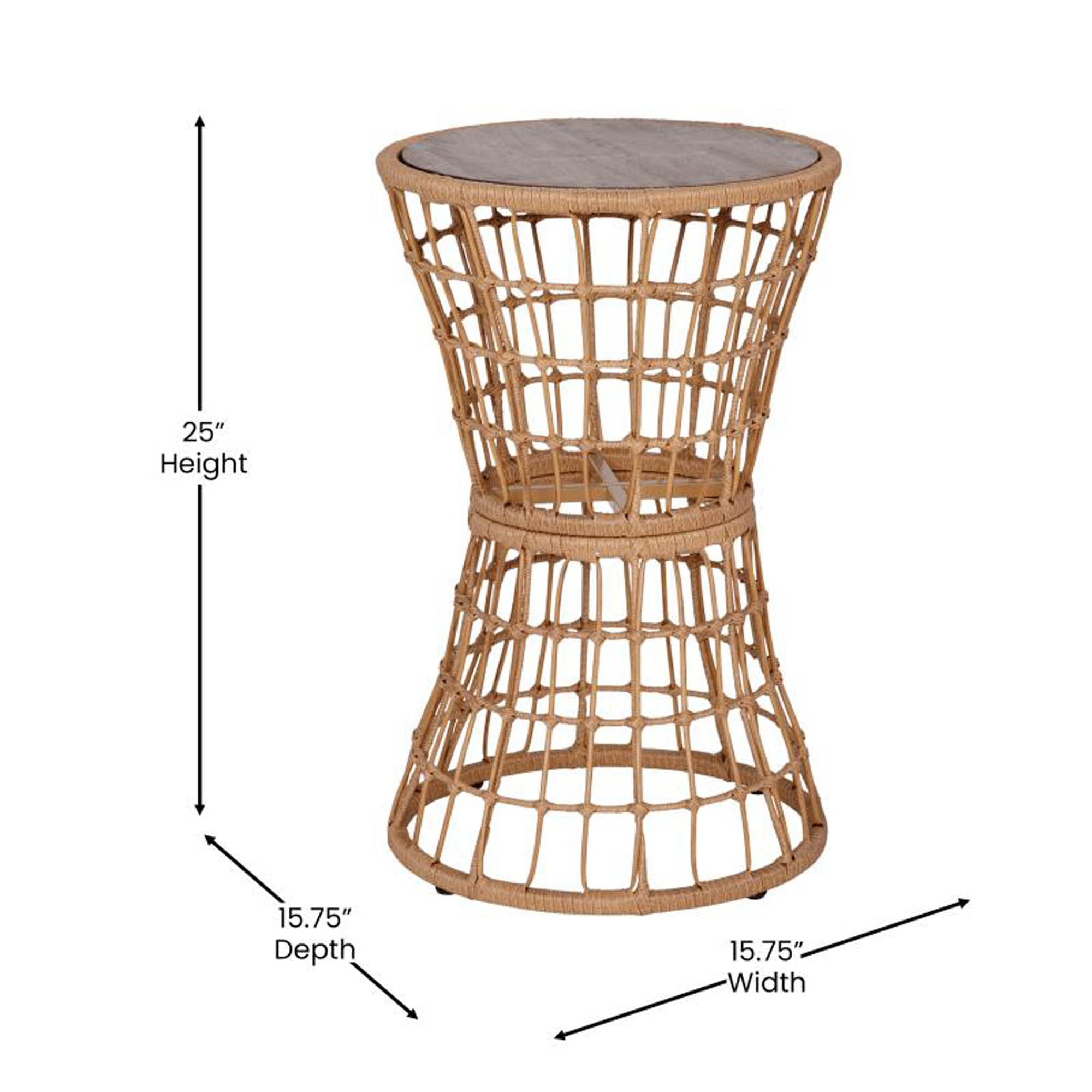Flash Furniture Natural Finish Rattan Rope Chairs Side Table with Acacia Wood Top-Seat Cushions-All-Weather, 3 Pack, Light Gray