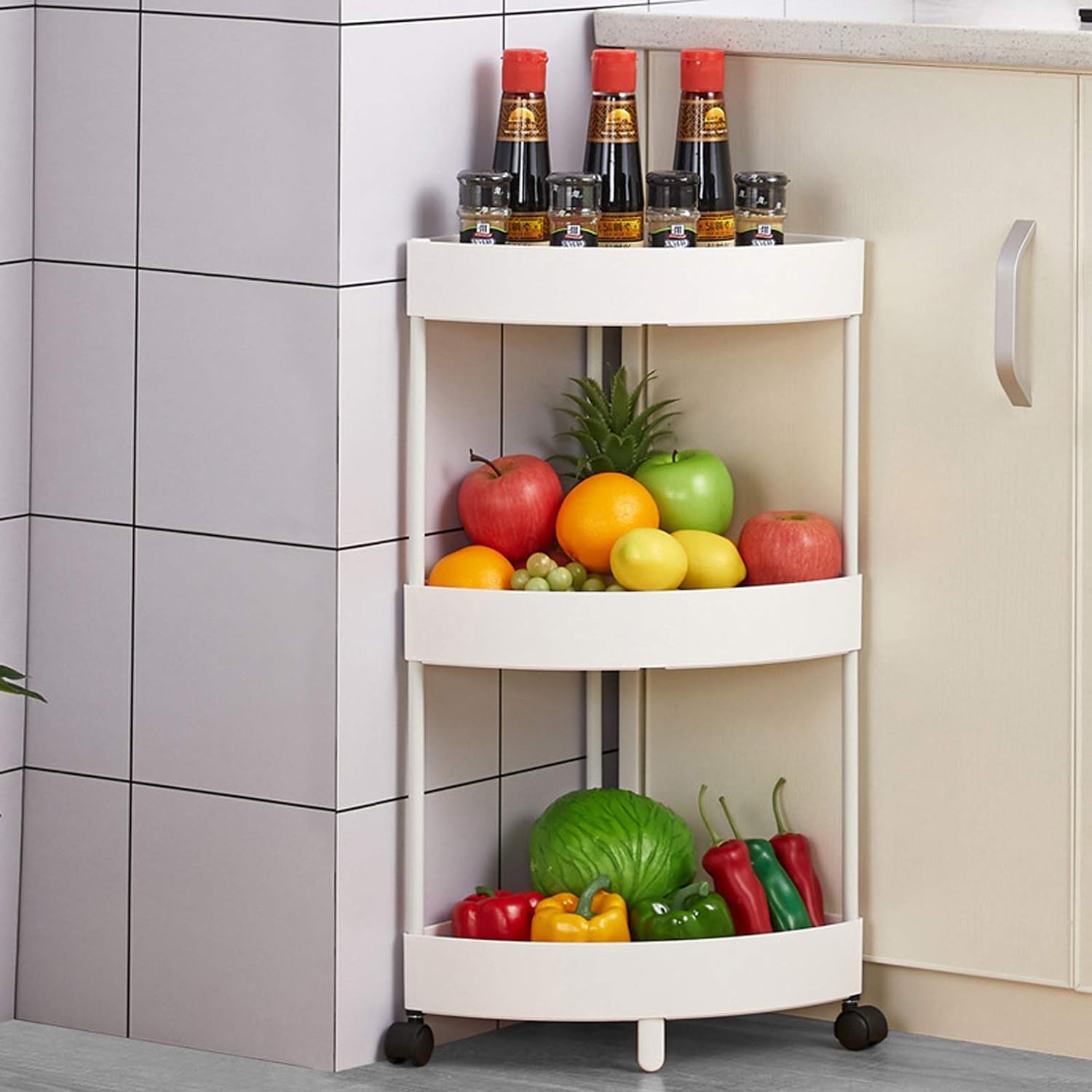 Jialto 3 Tier Kitchen Trolley Rack, Kitchen Triangle Storage MultiTier Rack Plastic Organization With Handle & Wheels Free Stan