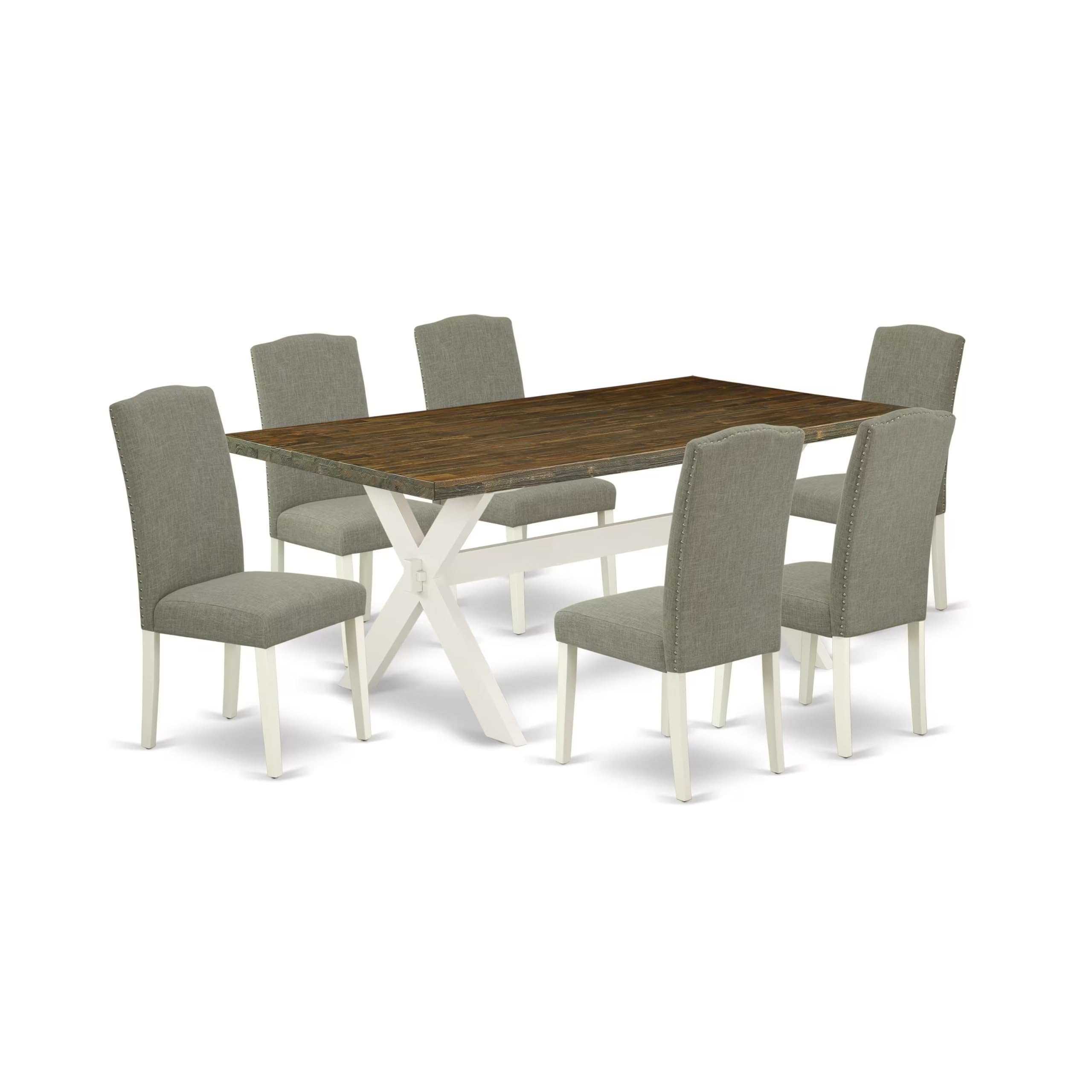 East West Furniture X077En206-7 7 Piece Modern Dining Table Set Consist Of A Rectangle Wooden Table With X-Legs And 6 Dark Shitake Linen Fabric Upholstered Chairs, 40X72 Inch, Multi-Color