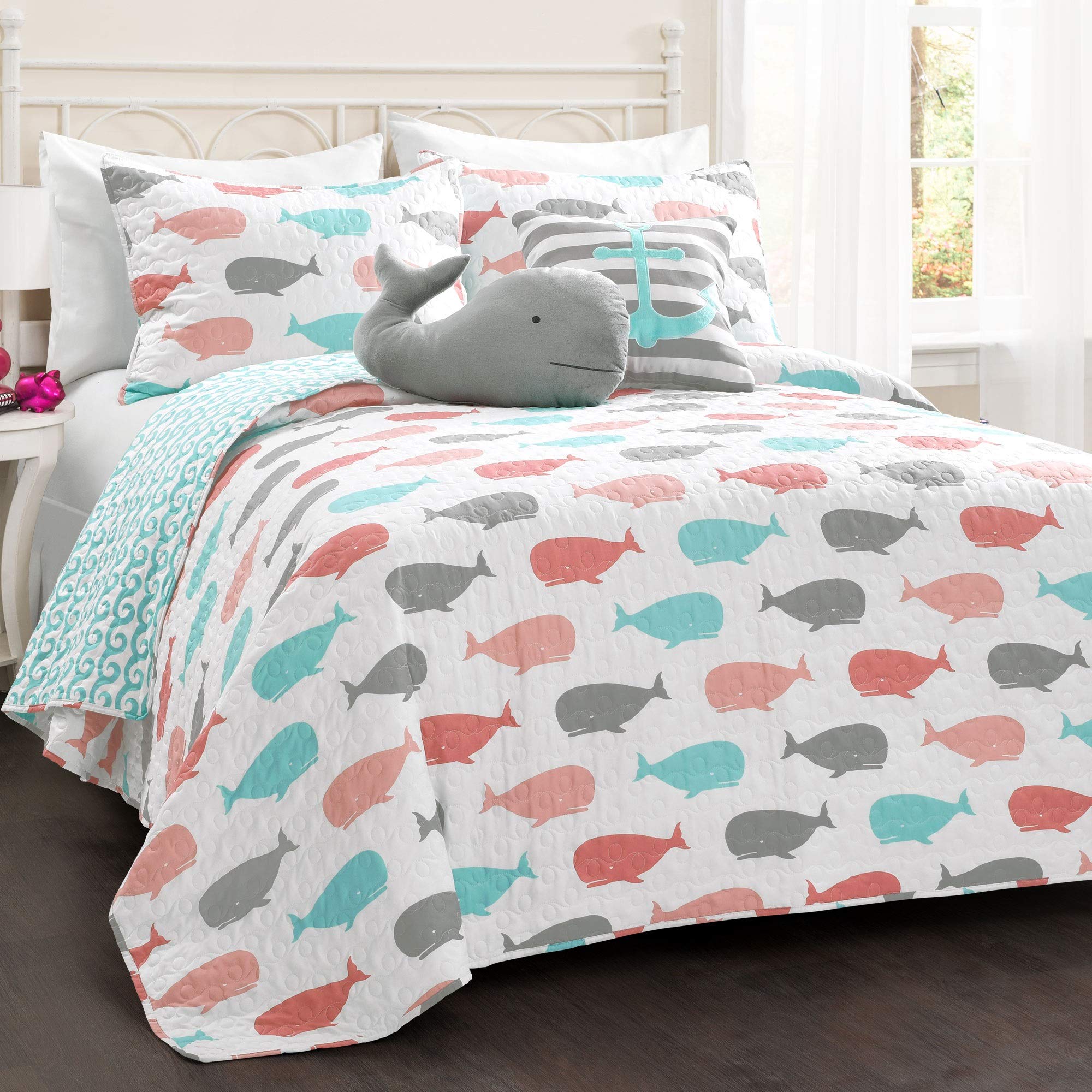 Lush Decor Whale Kids Reversible 4 Piece Quilt Bedding Set With Sham And Decorative Throw Pillows, Twin, Pink & Aqua