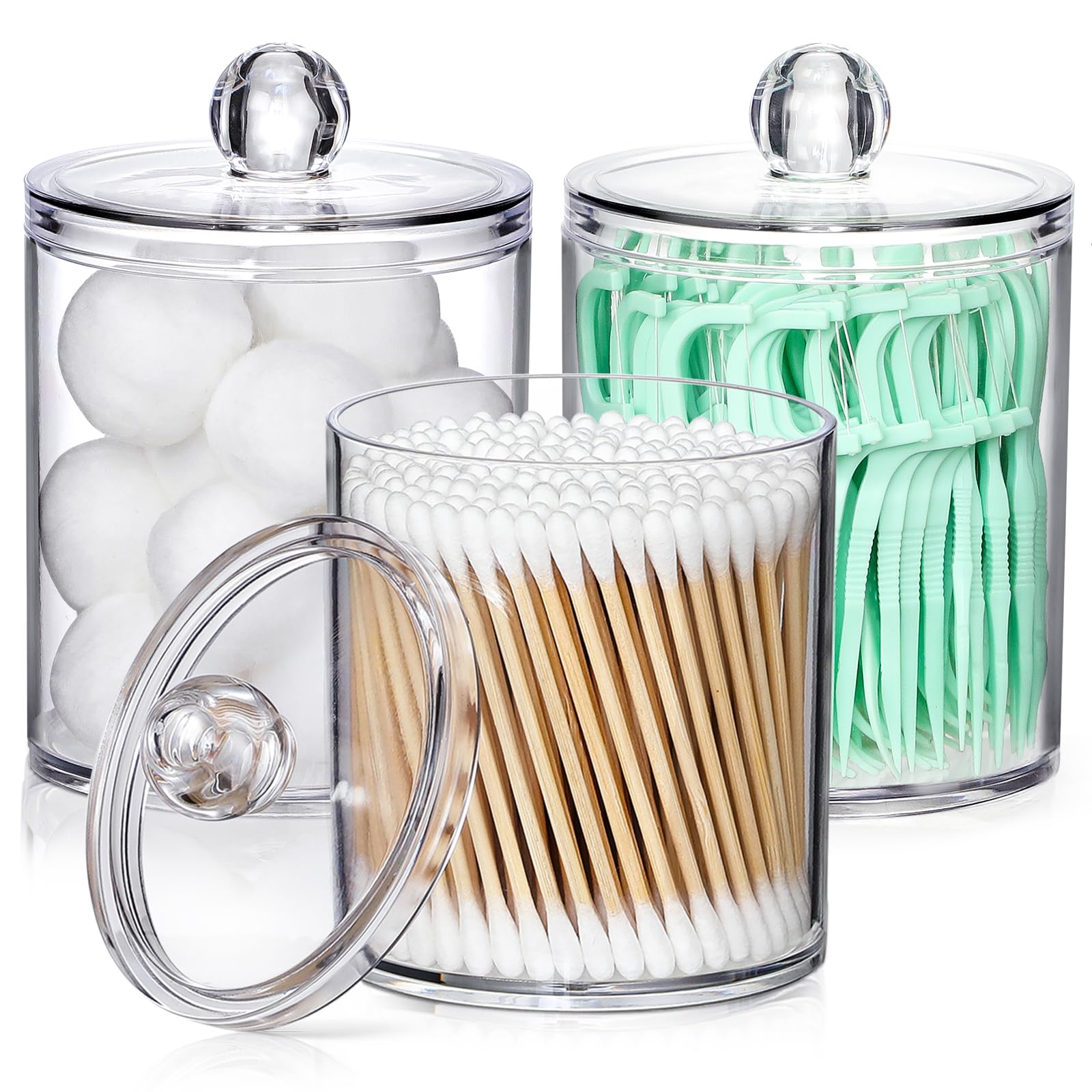 3 Pack Acrylic Qtip Holder Dispenser for Cotton Ball, Cotton Swab, Cotton Round Pads, Floss - 10 oz Clear Plastic Apothecary Jar