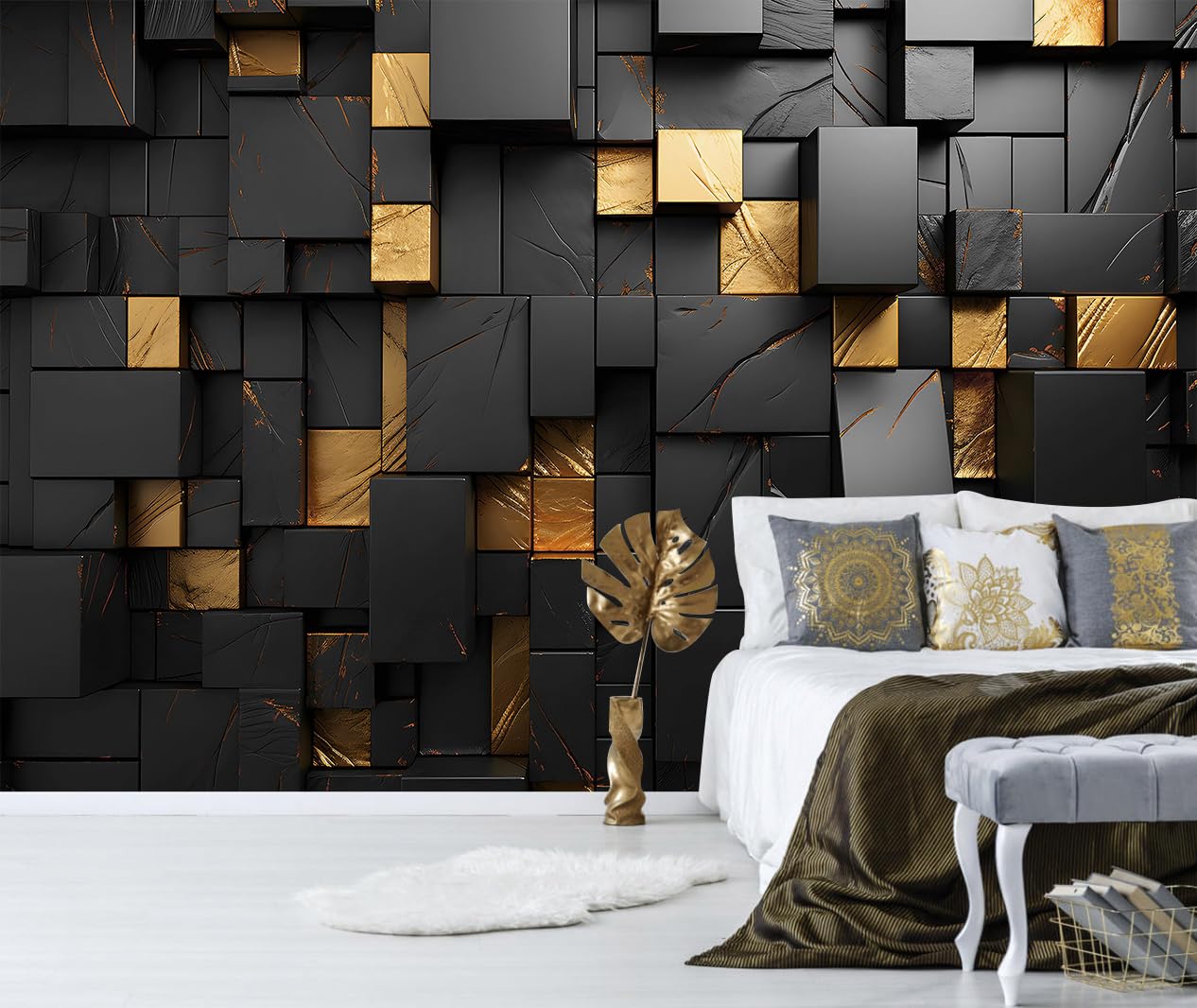 TUNDJ - Black Gold Geometric Wallpaper Peel and Stick 3D Large Self Adhesive Wall Mural for Living Room 137x100