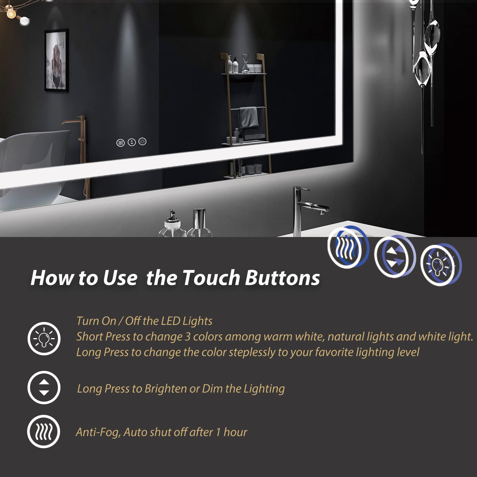 Oddsan 44X36 Led Lighted Mirror For Bathroom Wall Mounted, Dimmable Vanity Mirror With Lights, Anti-Fog, Etl Listed (Backlit And