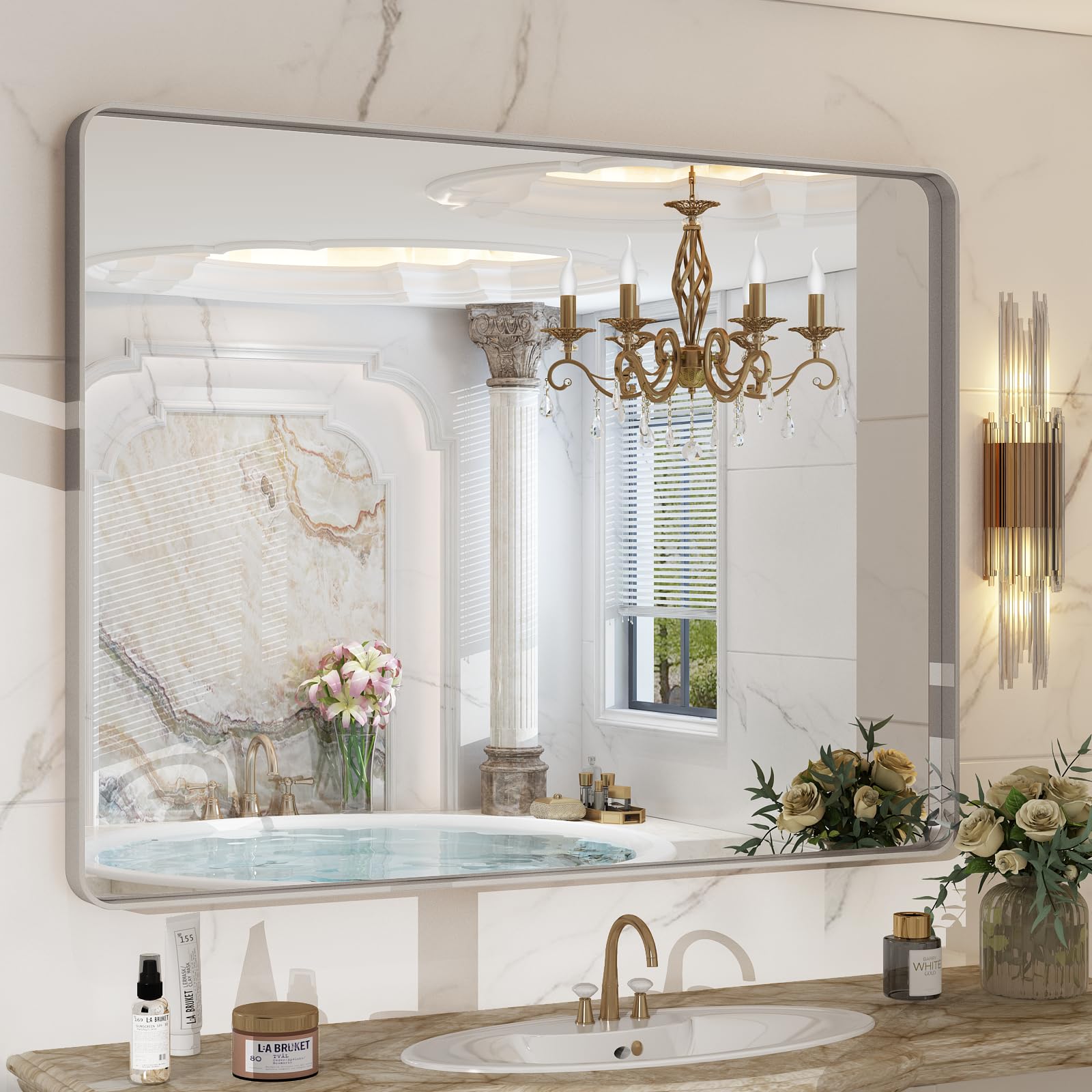 CHARMOR 44x36 Silver Brushed Nickel Bathroom Mirror for Wall, Rounded Rectangle Silver Framed Bathroom Vanity Mirror, Anti-Rust,