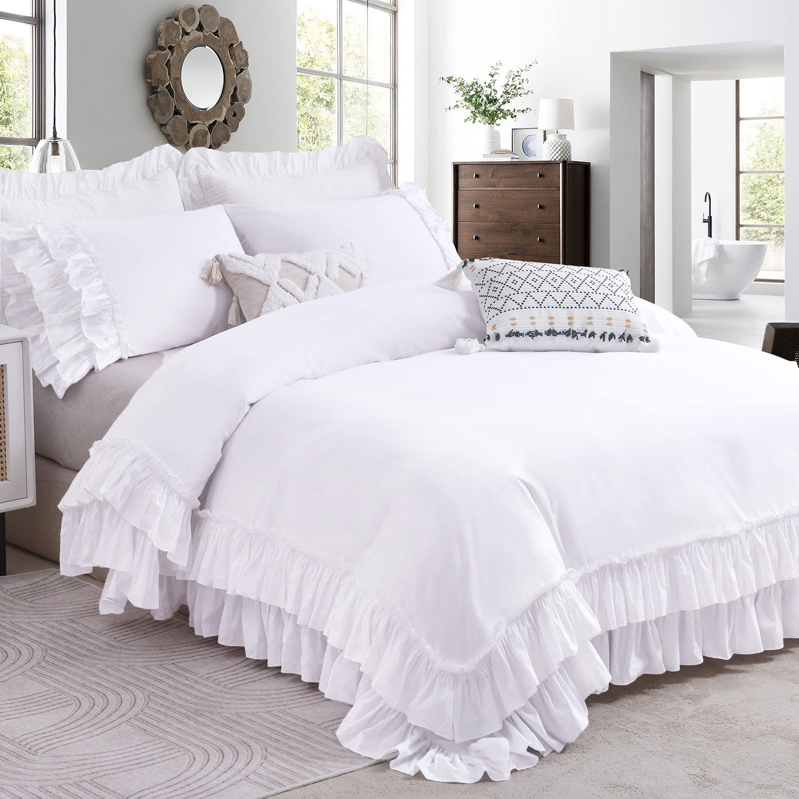 Qsh Ruffle White Duvet Cover King Size-100% Washed Cotton Shabby Farmhouse Chic Ruffled Bedding 3Pcs(1 Soft Linen Feel Cotton Du